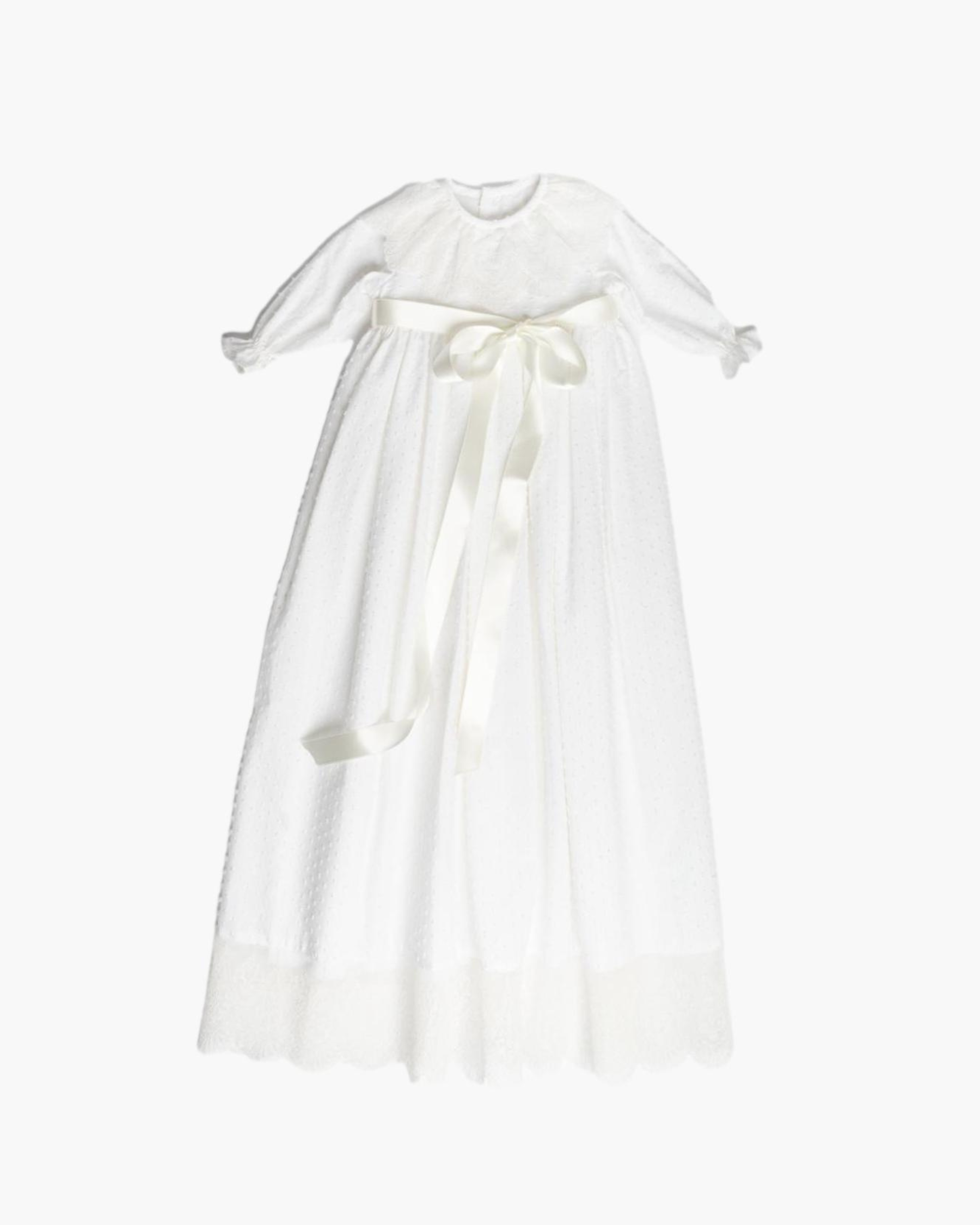 Long christening gown with lace collar and bottom