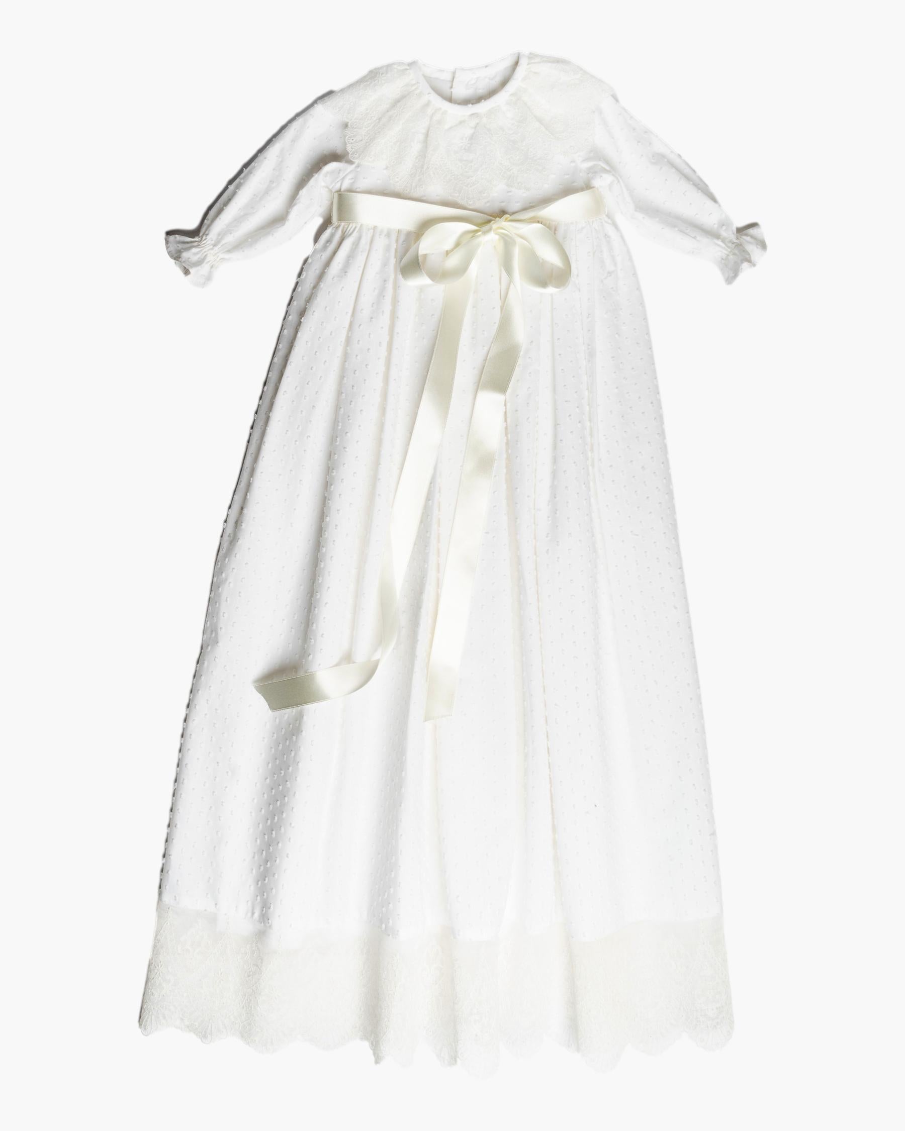 Long christening gown with lace collar and bottom