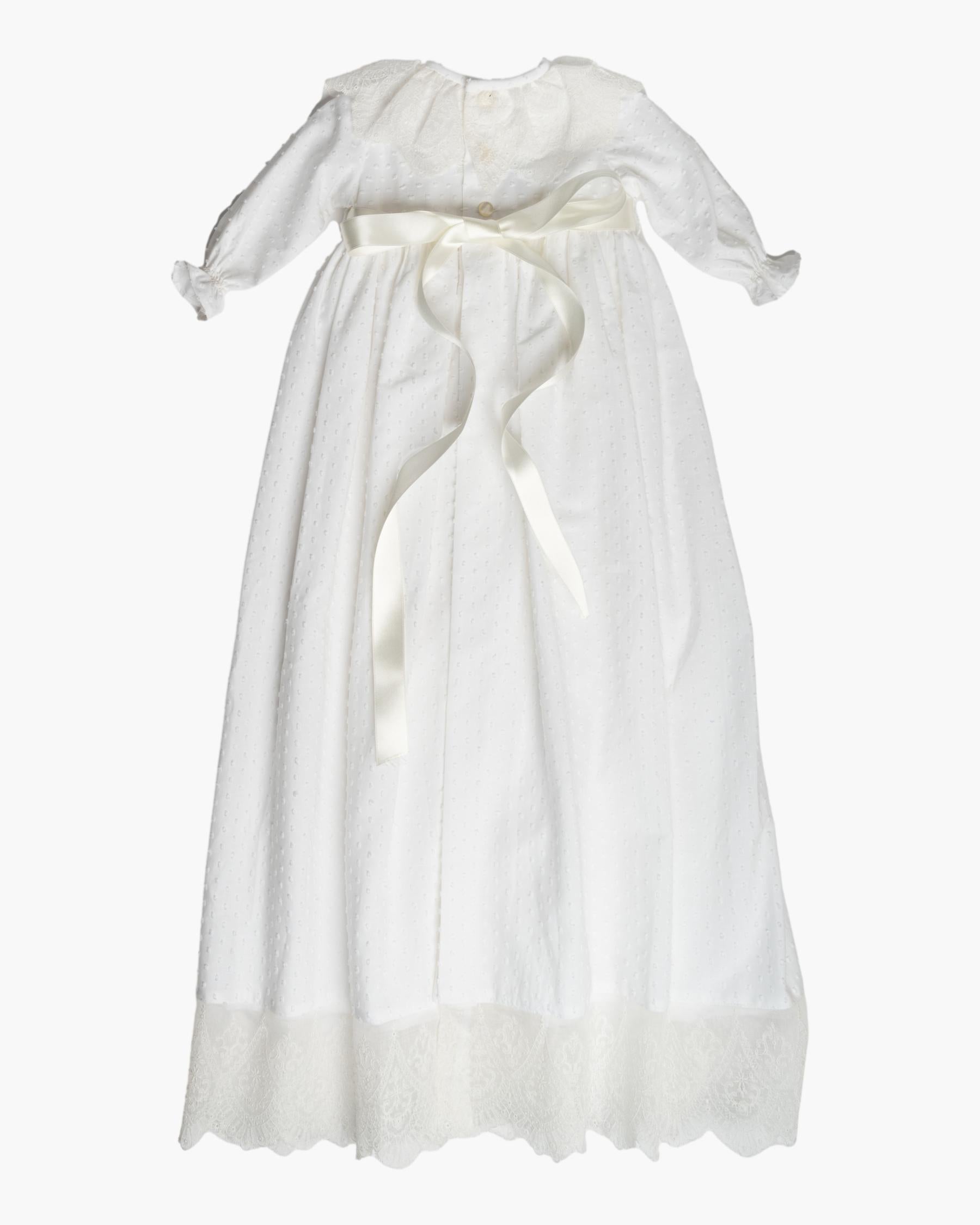 Long christening gown with lace collar and bottom