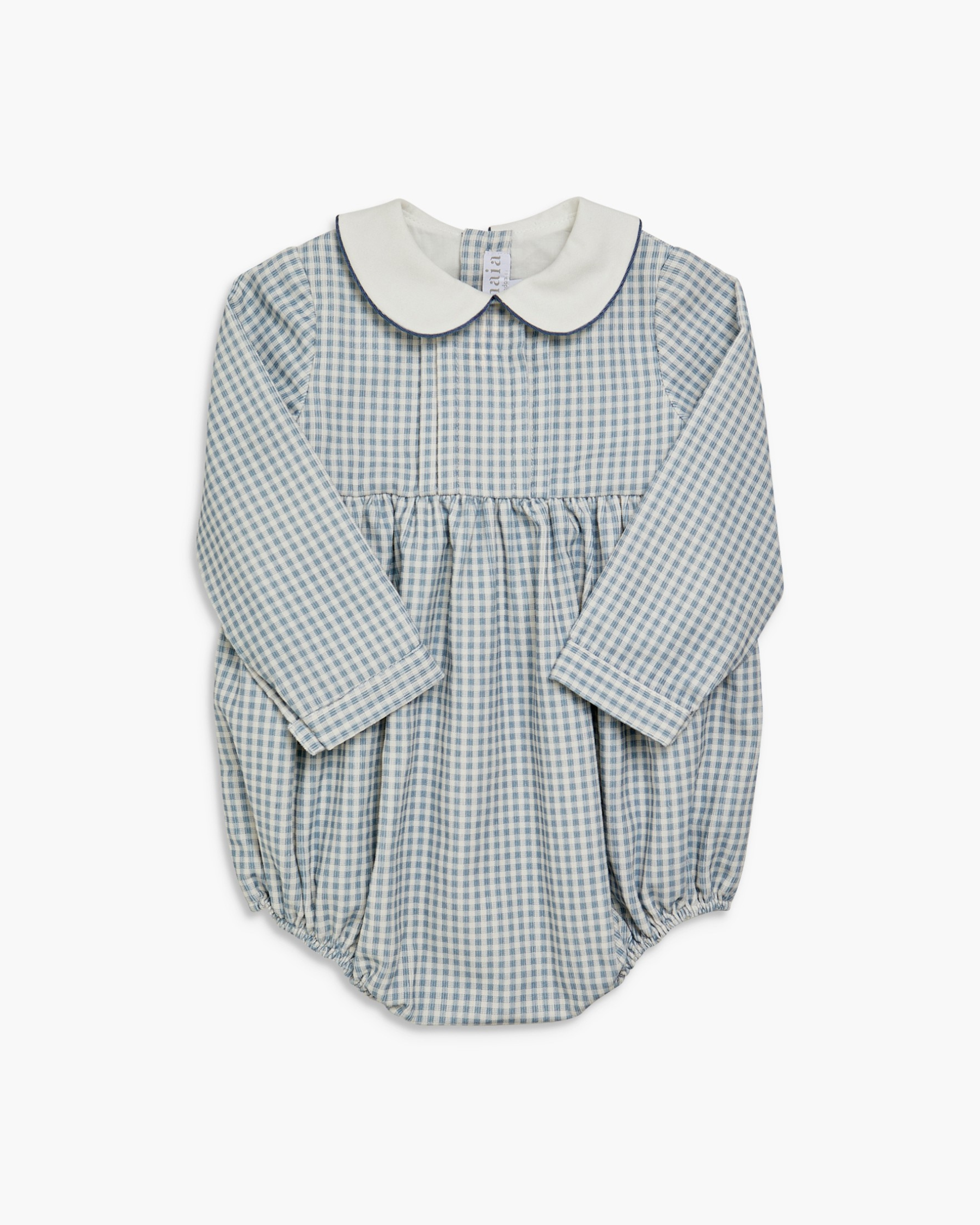 Baby romper with checkered pattern and white collar on a white background