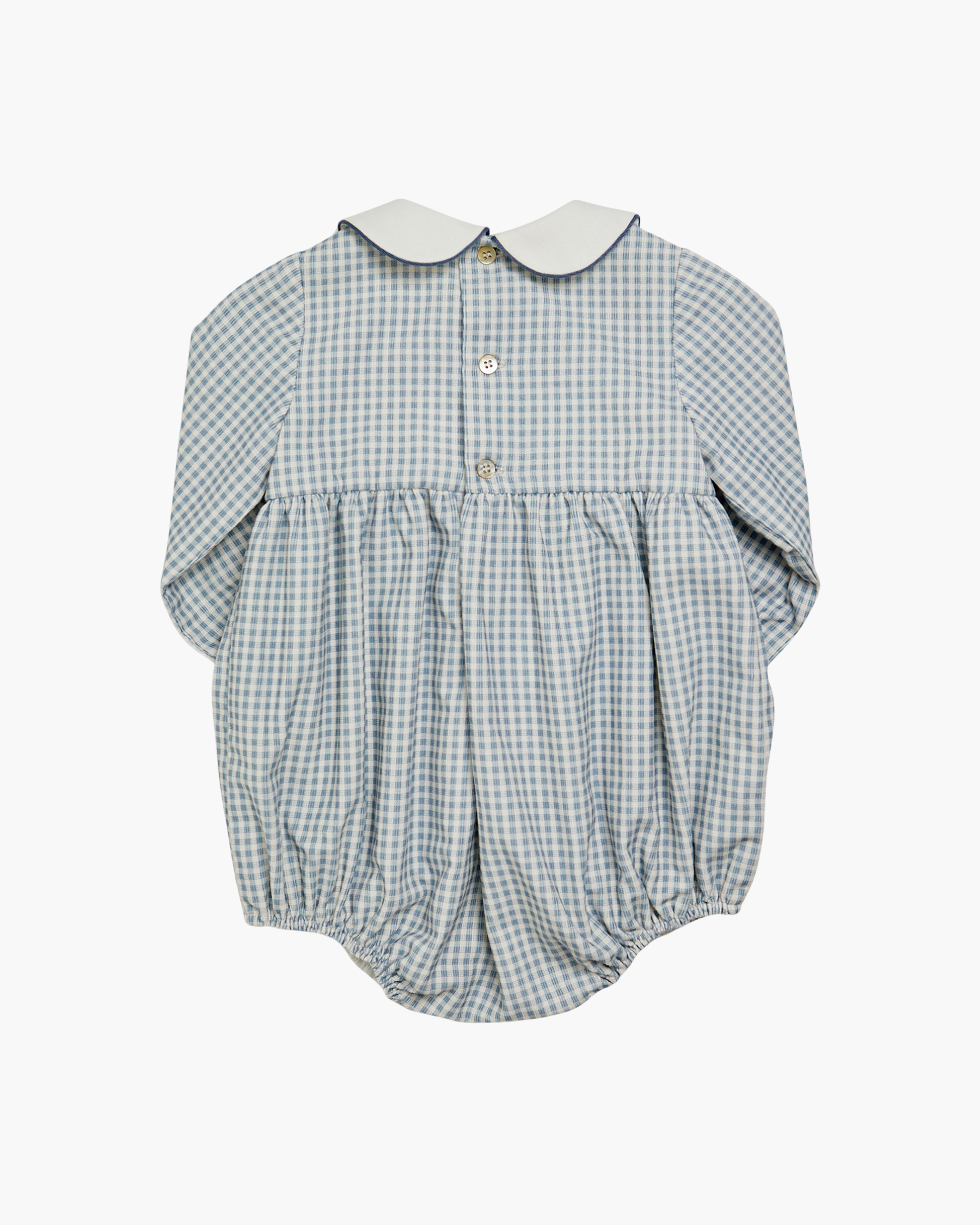 Green and white checkered baby romper with a collar on a white background