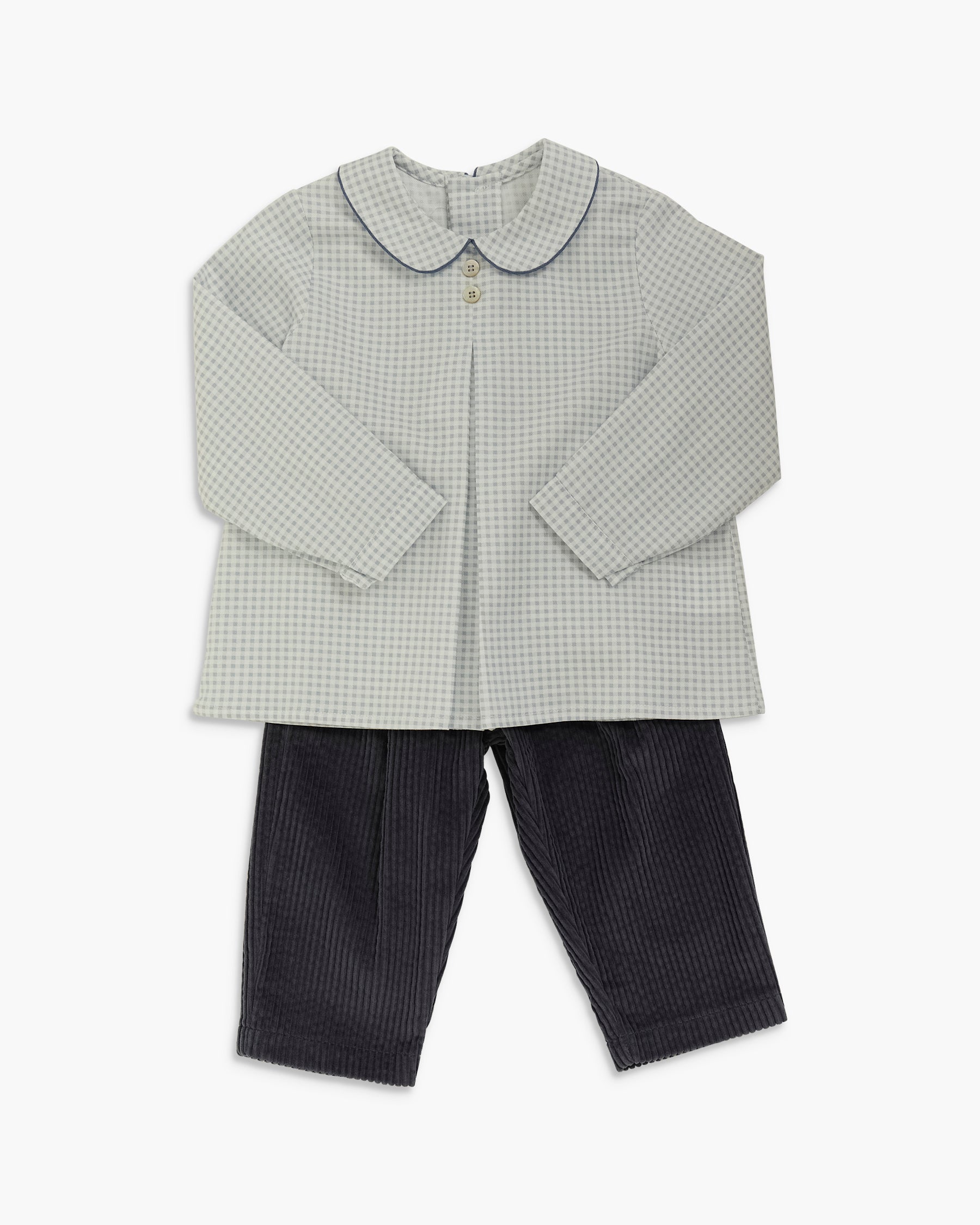 A toddler boy's two-piece outfit featuring a light gray and white gingham long-sleeve button-up shirt with a Peter Pan collar, paired with dark charcoal gray ribbed corduroy pants, shown on a plain white background.