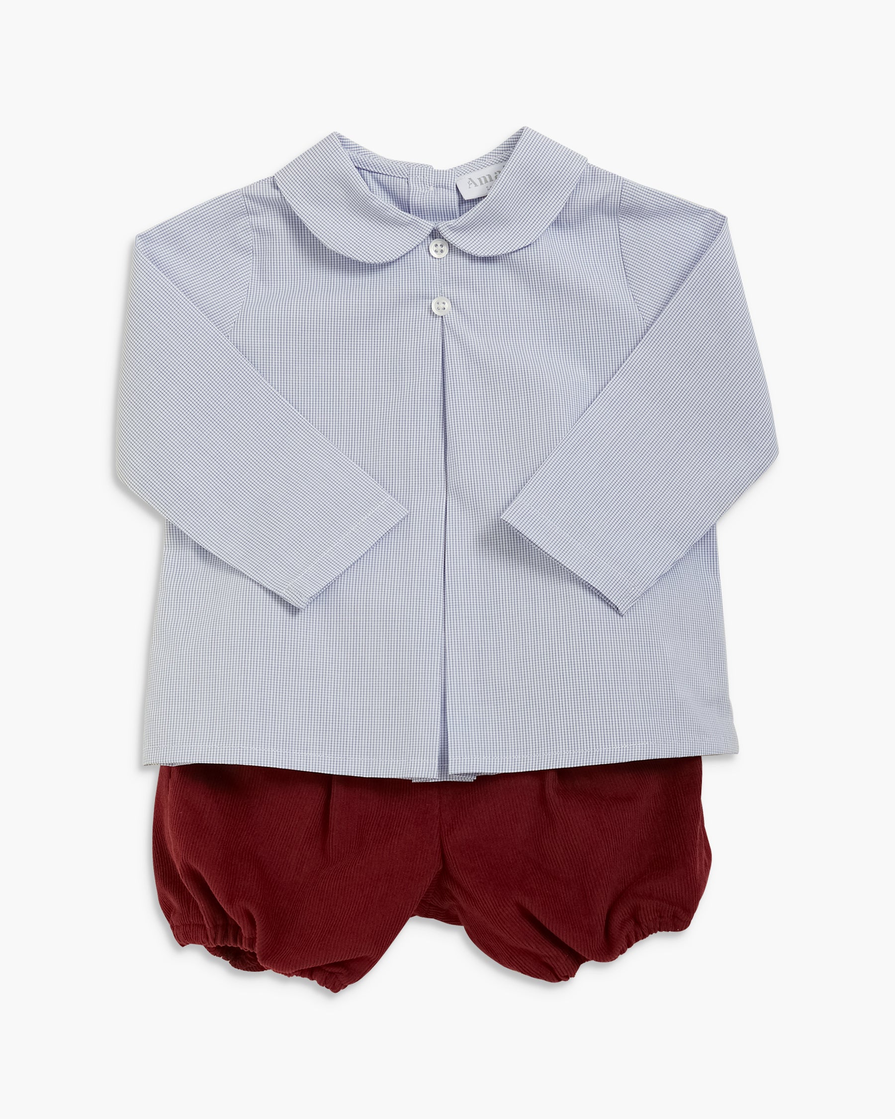 A baby boy's two-piece outfit featuring a light blue pinstriped long-sleeve button-up shirt with a Peter Pan collar, paired with burgundy bloomers, laid flat against a white background.