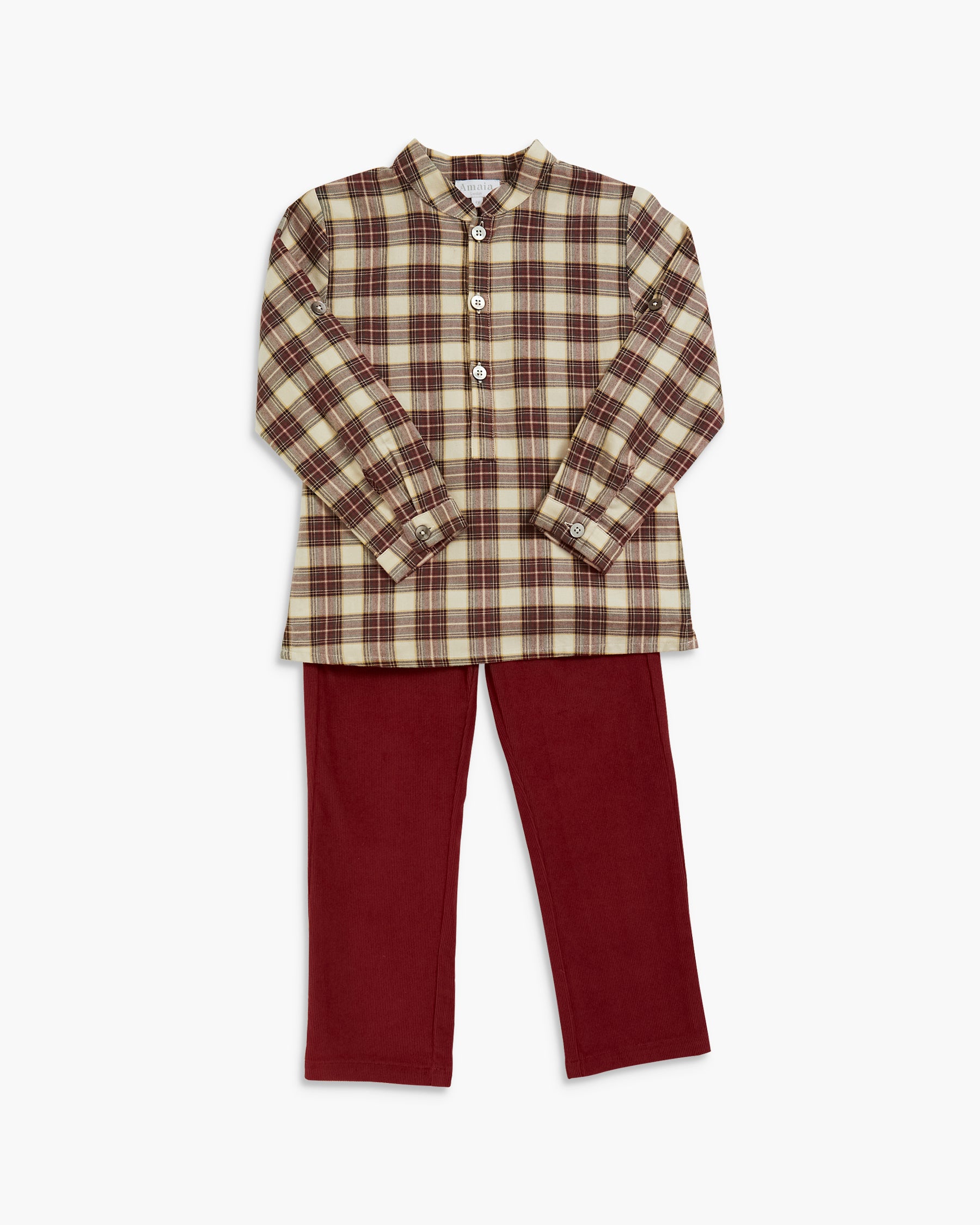A children's two-piece outfit consisting of a long-sleeve button-up shirt in a brown and beige plaid pattern and solid burgundy pants, laid flat against a light gray background.