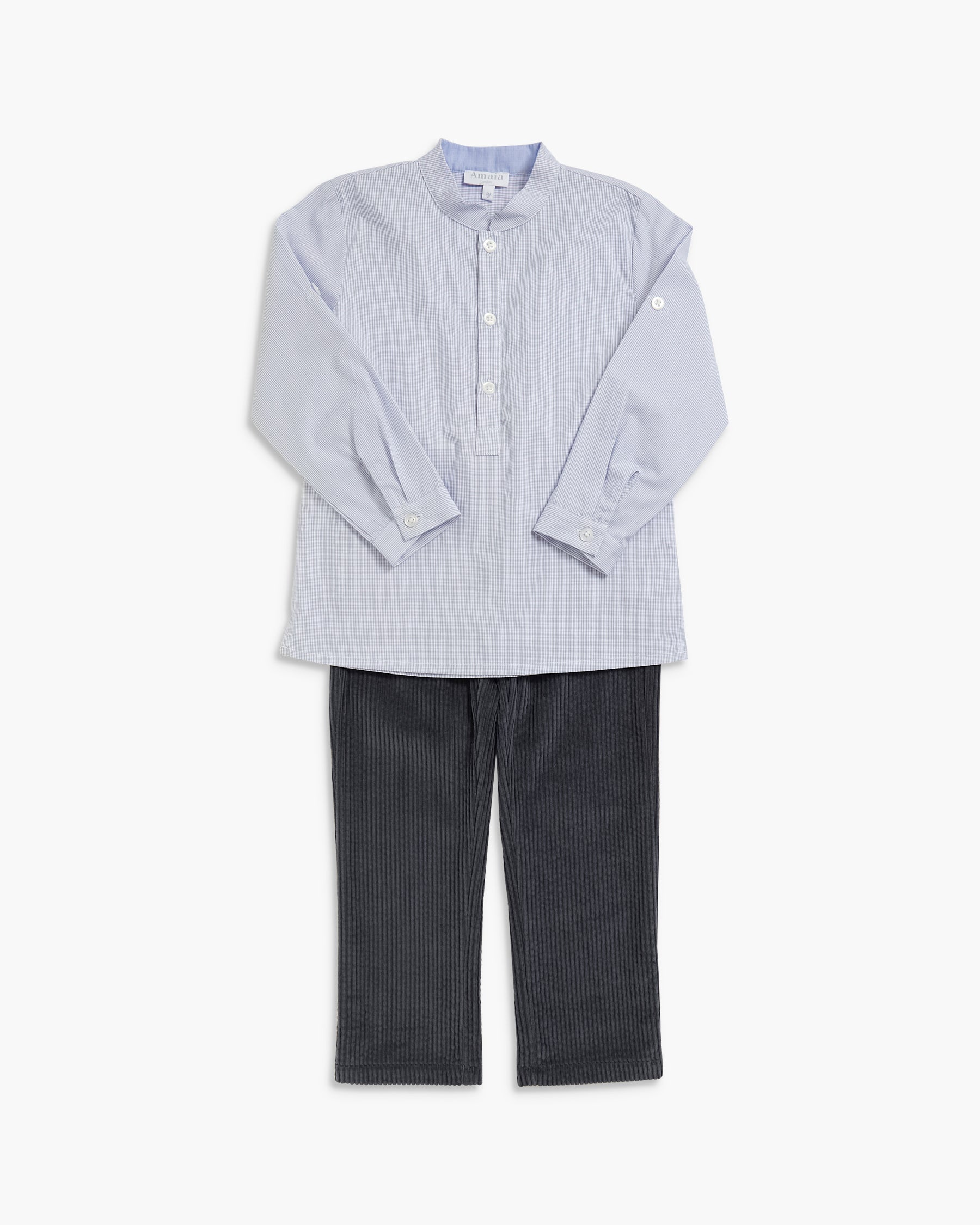 A children's two-piece clothing set featuring a light blue long-sleeve mandarin collar shirt with a button placket and dark gray corduroy pants, laid flat against a white background.