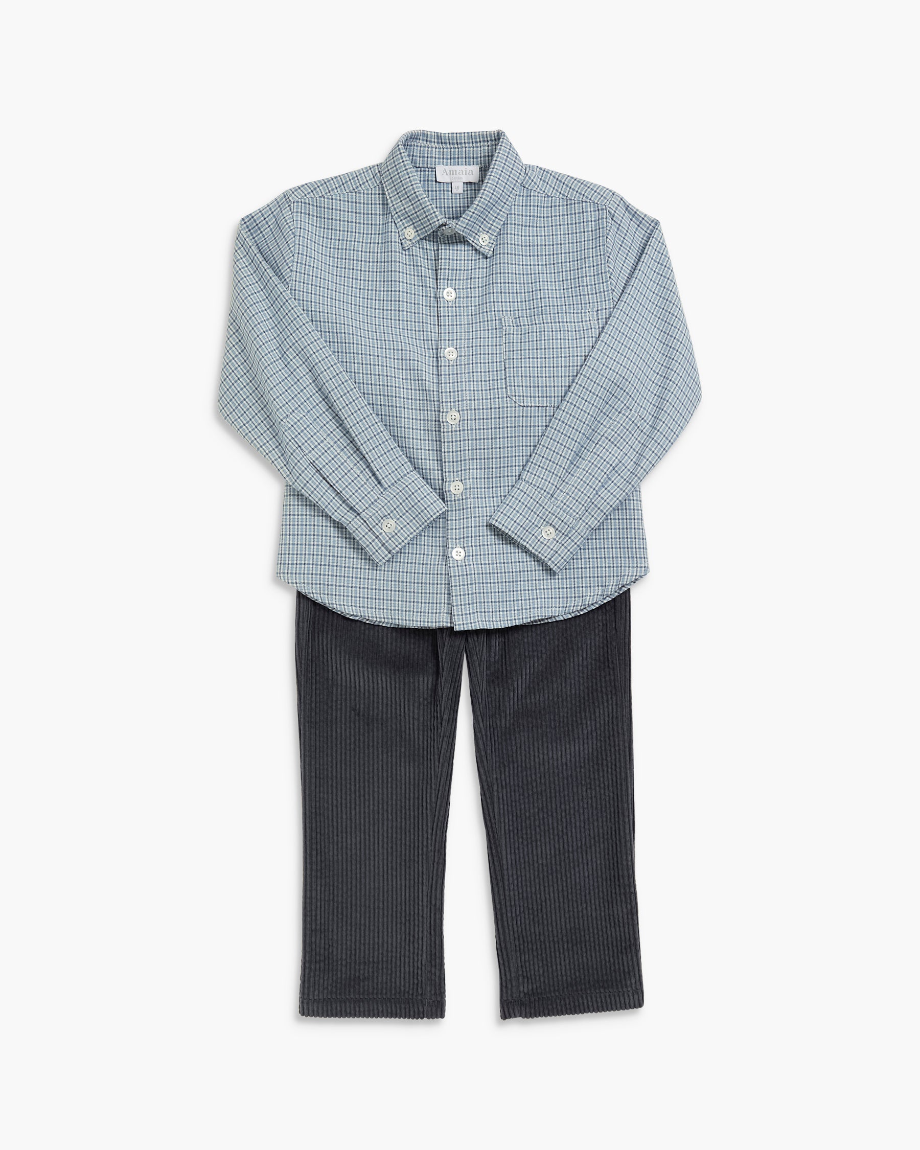 A two-piece children's outfit set featuring a light blue and white gingham long-sleeve button-down shirt and dark gray pinstriped corduroy pants, laid flat against a white background.