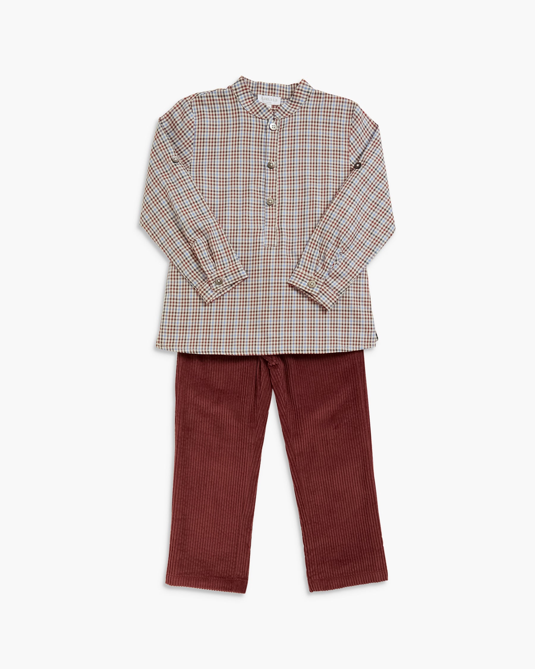 A two-piece children's outfit set featuring a long-sleeve button-up shirt in a beige, brown, and red plaid pattern, paired with dark brown corduroy pants, displayed on a clean white background.