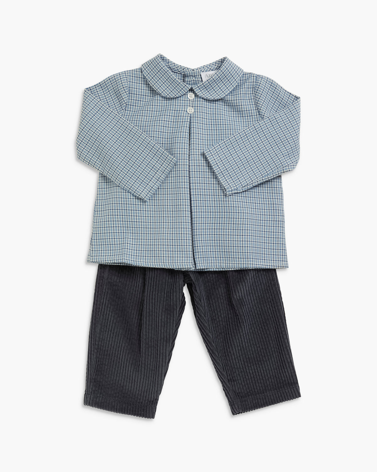 A two-piece baby outfit set featuring a long-sleeve button-up shirt in a light blue and white gingham pattern with a Peter Pan collar, paired with dark gray ribbed corduroy pants, laid flat on a white background.