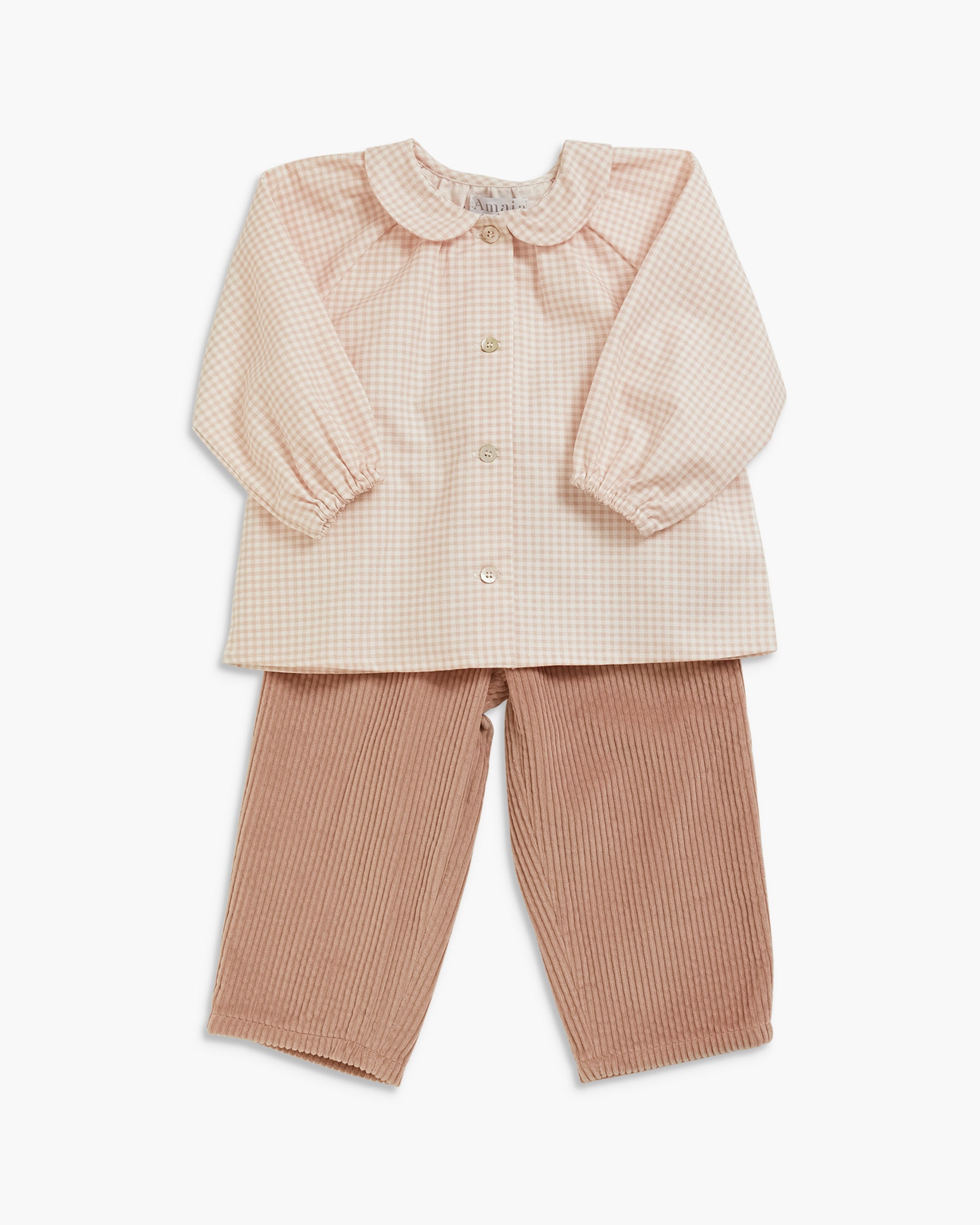 A baby girl's two-piece outfit featuring a cream and beige gingham long-sleeve button-up shirt with a Peter Pan collar and puff sleeves, paired with ribbed brown corduroy pants, shown on a plain white background.