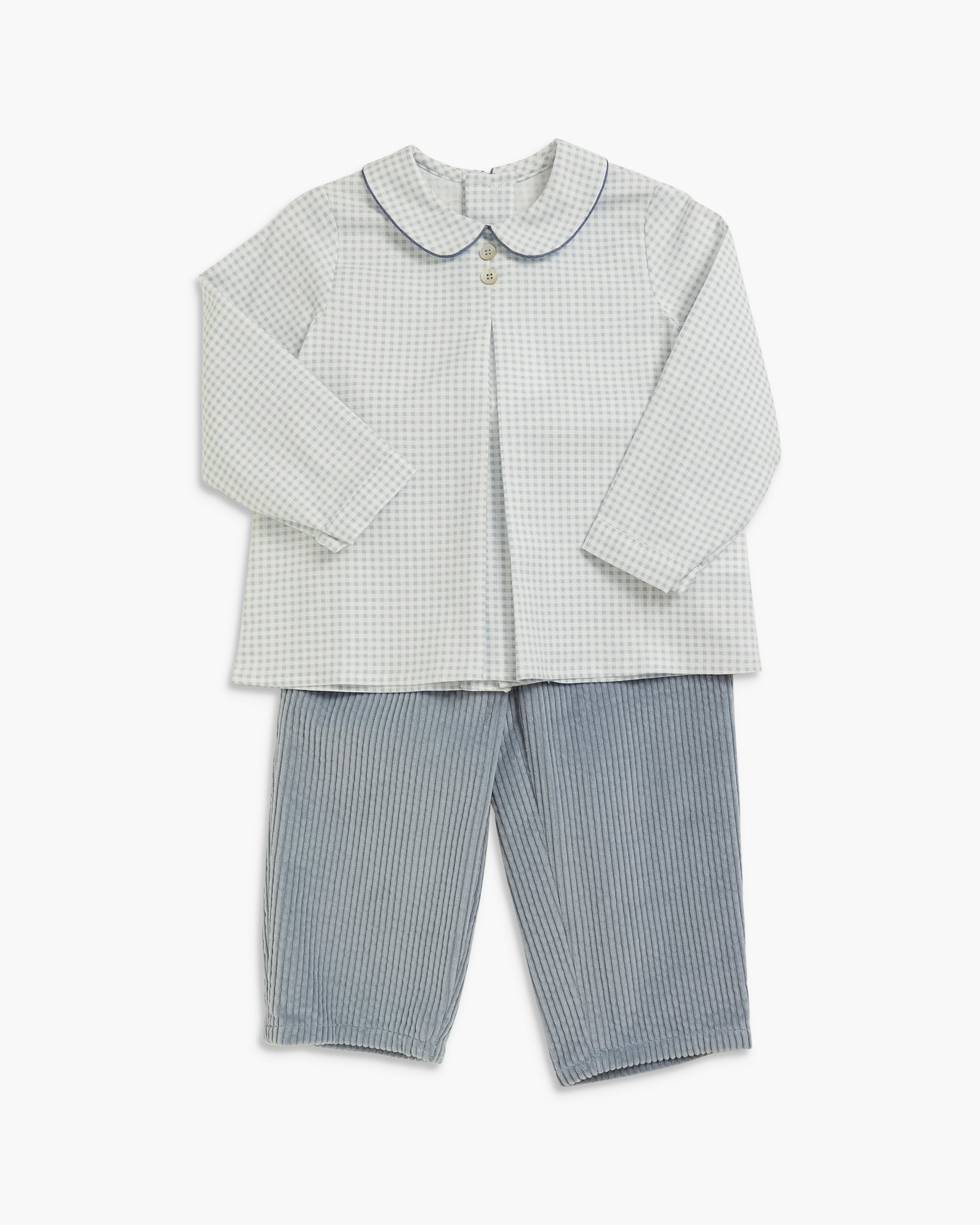 A toddler boy's two-piece clothing set featuring a long-sleeve button-up shirt with a light green and white gingham pattern and a Peter Pan collar, paired with blue and white vertically striped trousers, shown on a plain white background.