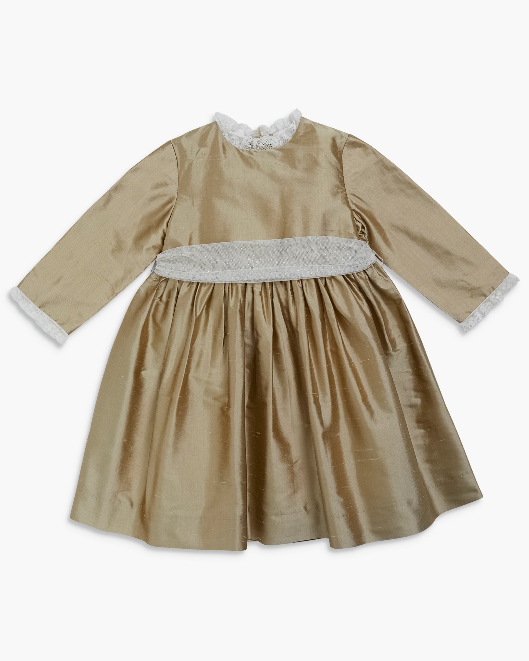 Beige dress with lace details on a white background