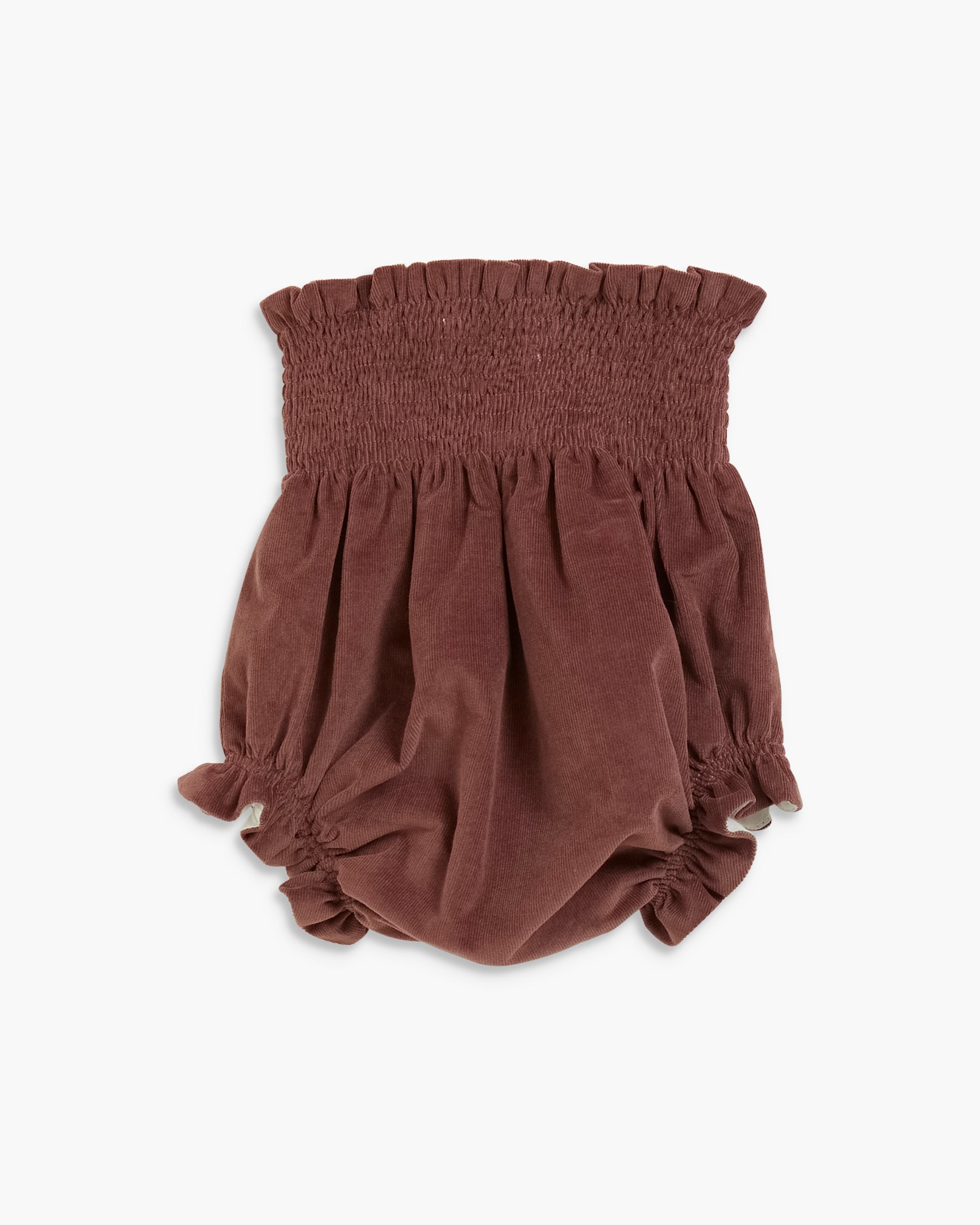 A baby bloomers romper in a dusty rose-brown color, featuring a smocked elastic waistband and ruffled leg openings, shown against a plain white background.