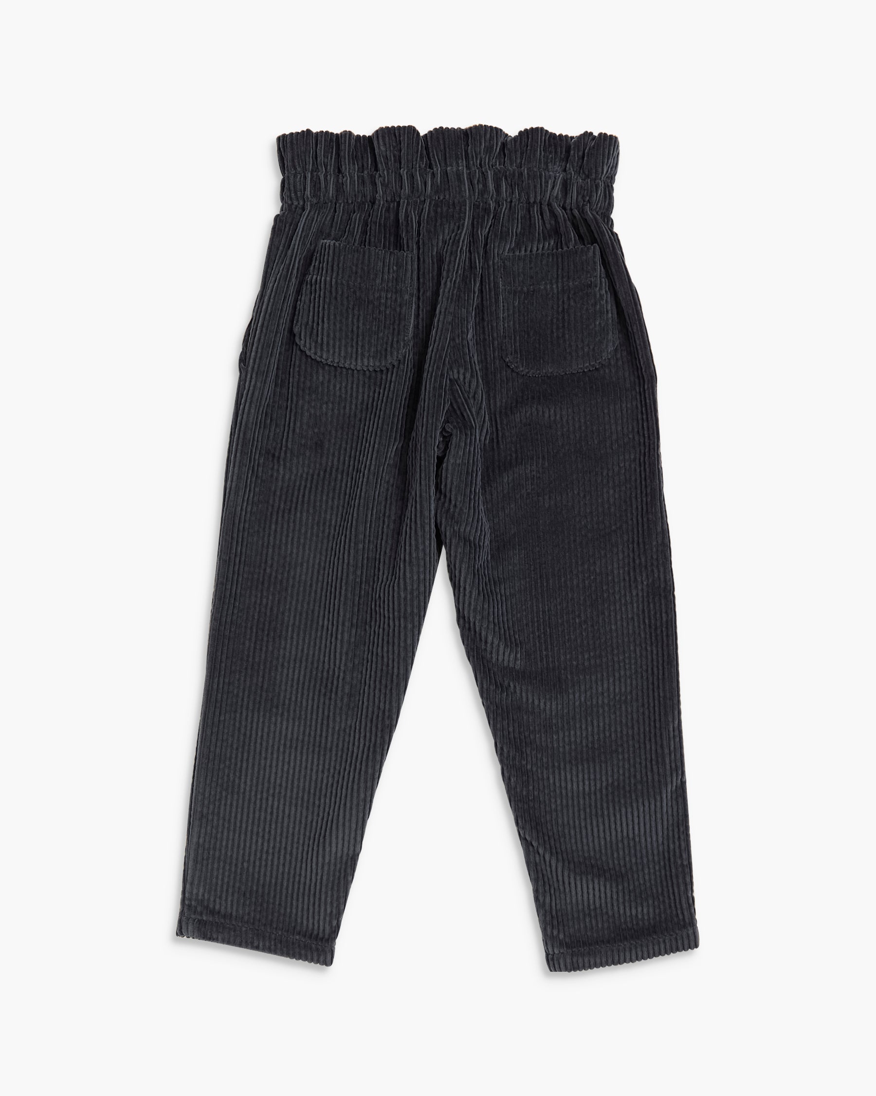 Dark gray corduroy pants with an elastic waistband and back pockets, shown from the back on a light gray background.