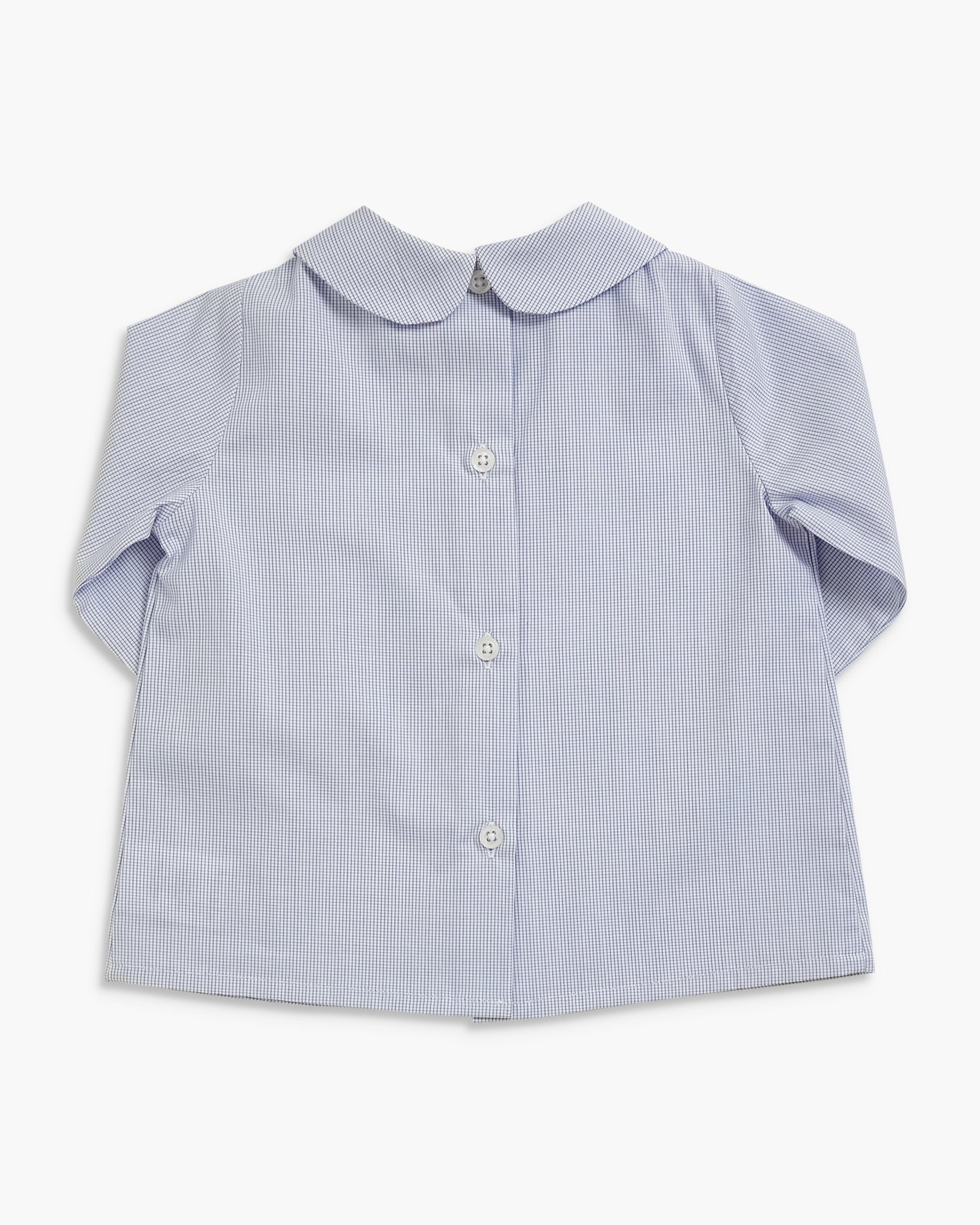 A light blue and white vertically striped short-sleeve button-up shirt with a Peter Pan collar, laid flat against a white background.
