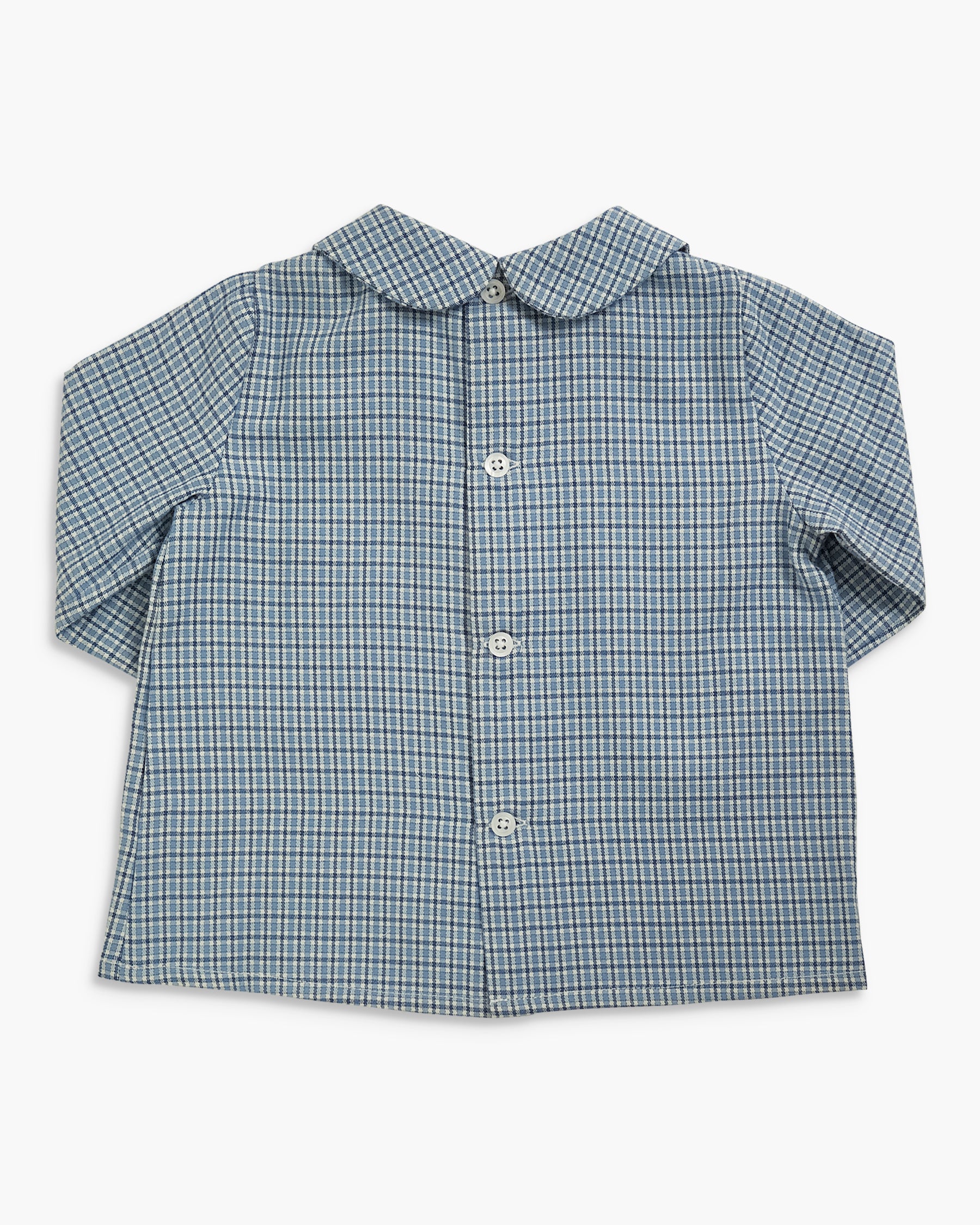 A long-sleeve button-up shirt for a toddler, featuring a blue and white gingham check pattern, a Peter Pan collar, and white buttons, laid flat against a light gray background.