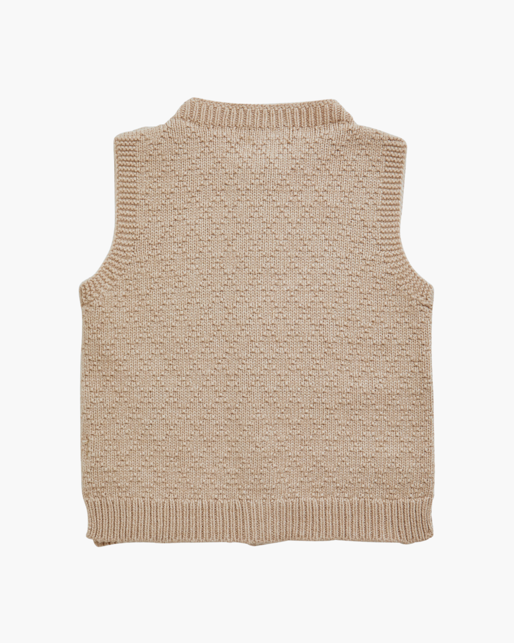 Back of beige sleeveless knit vest with buttons