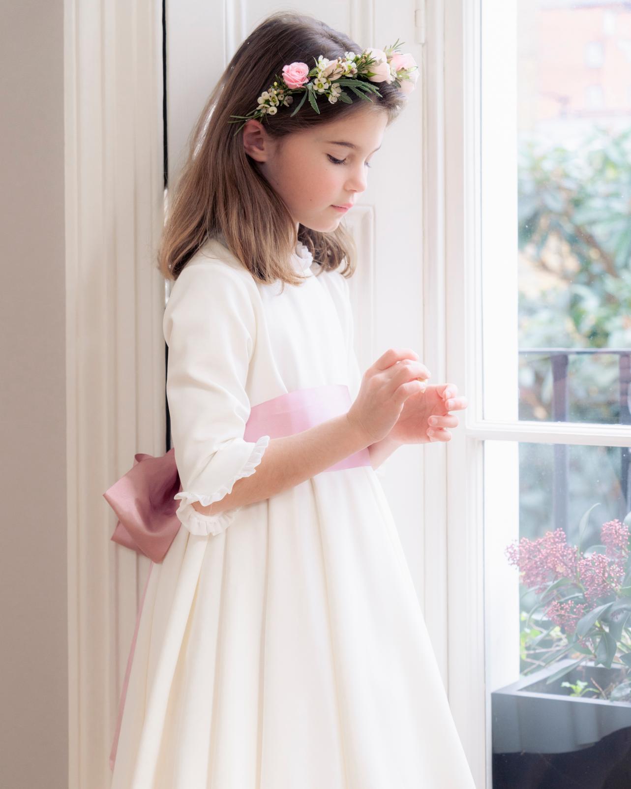 Girl Dress white with a big pink bow - Eugenie