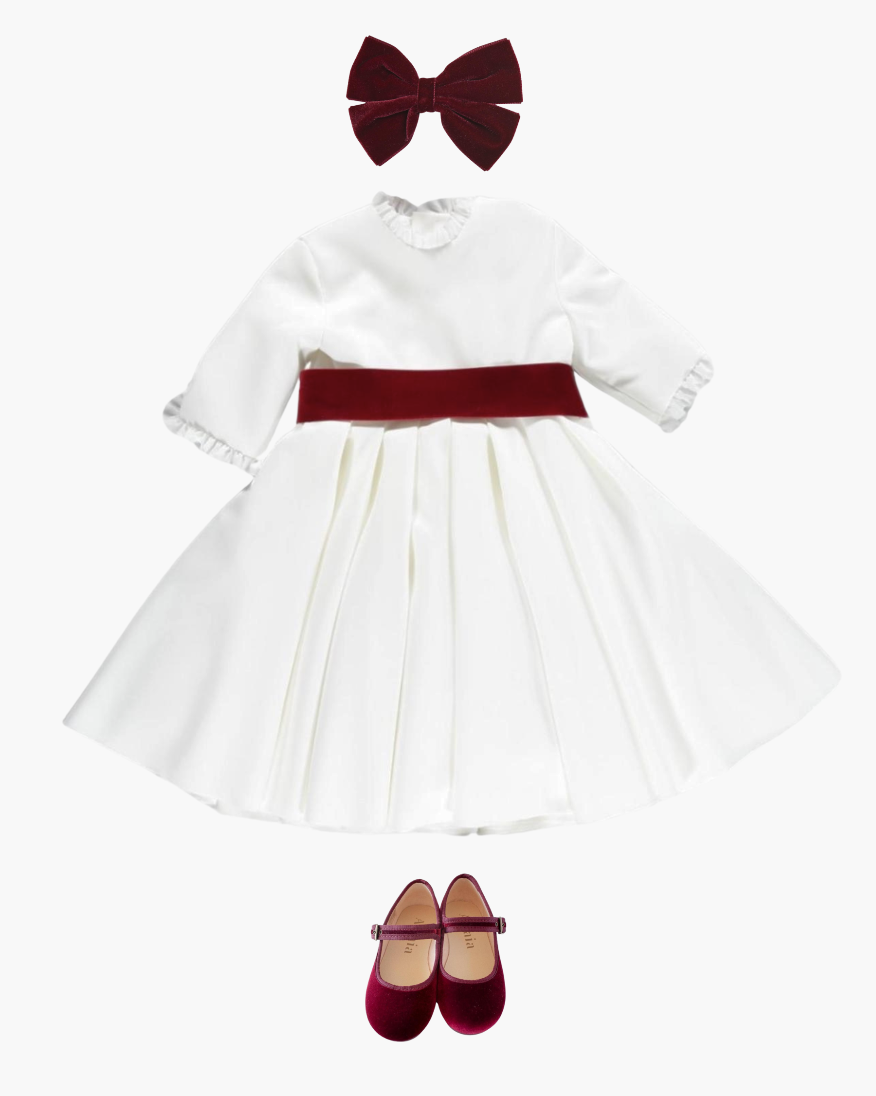 Girl Dress white with Velvet Burgundy bow - Eugenie