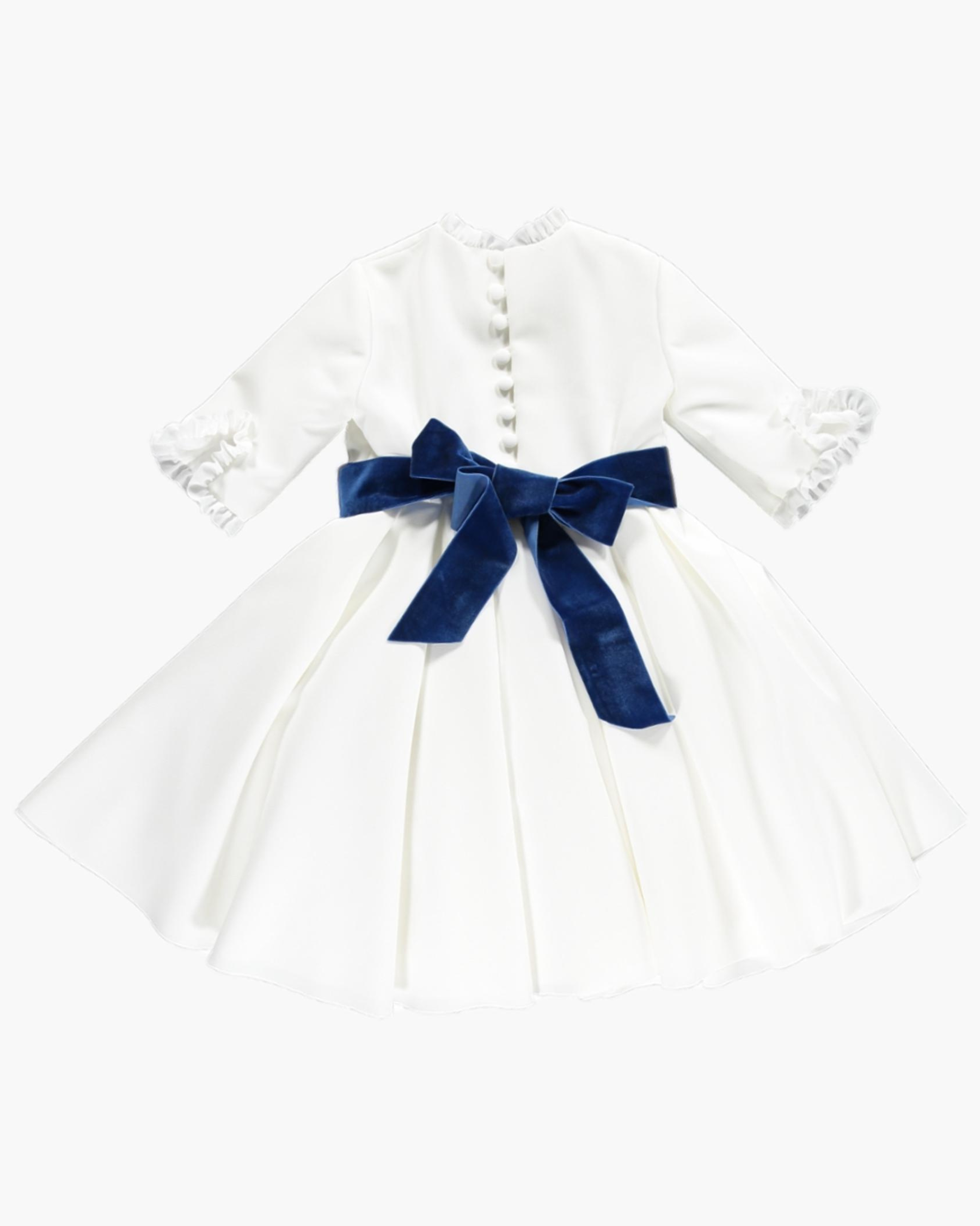Girl Dress white with Velvet blue bow - Eugenie