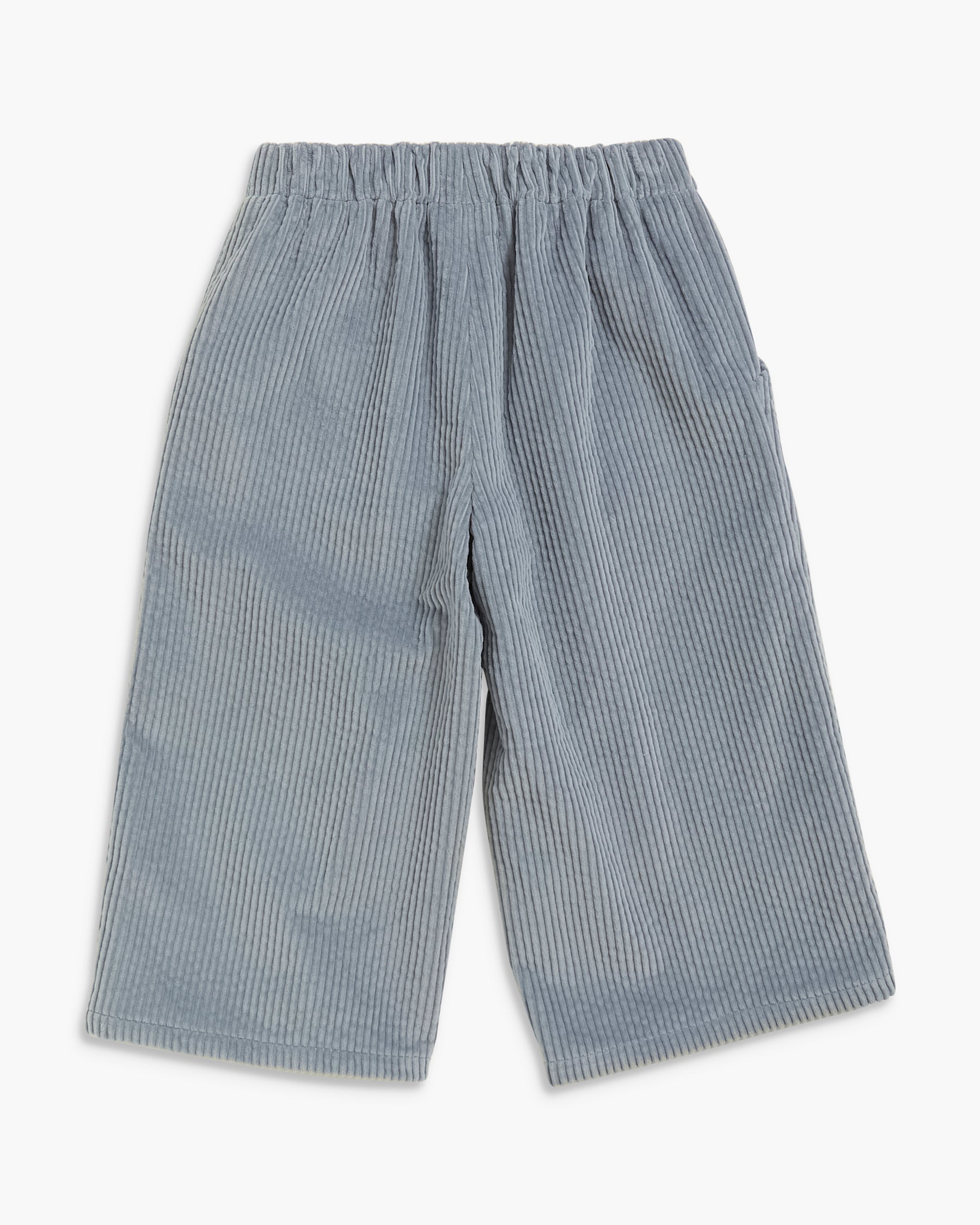 Light blue and white vertically striped corduroy pants with an elastic waistband, shown flat on a white background.