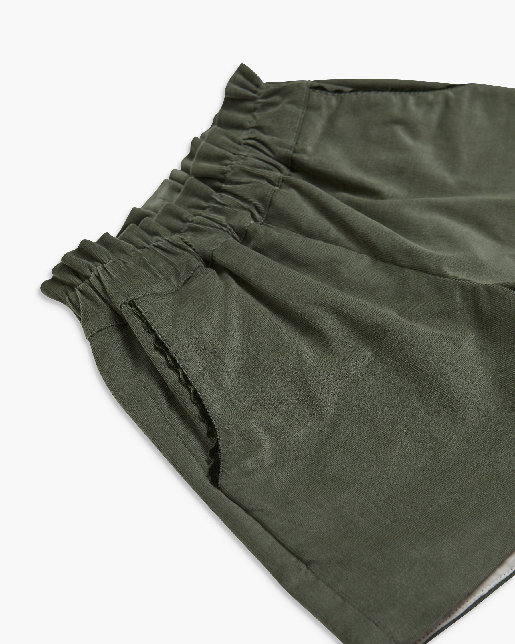 Close-up of a green skirt with a white background