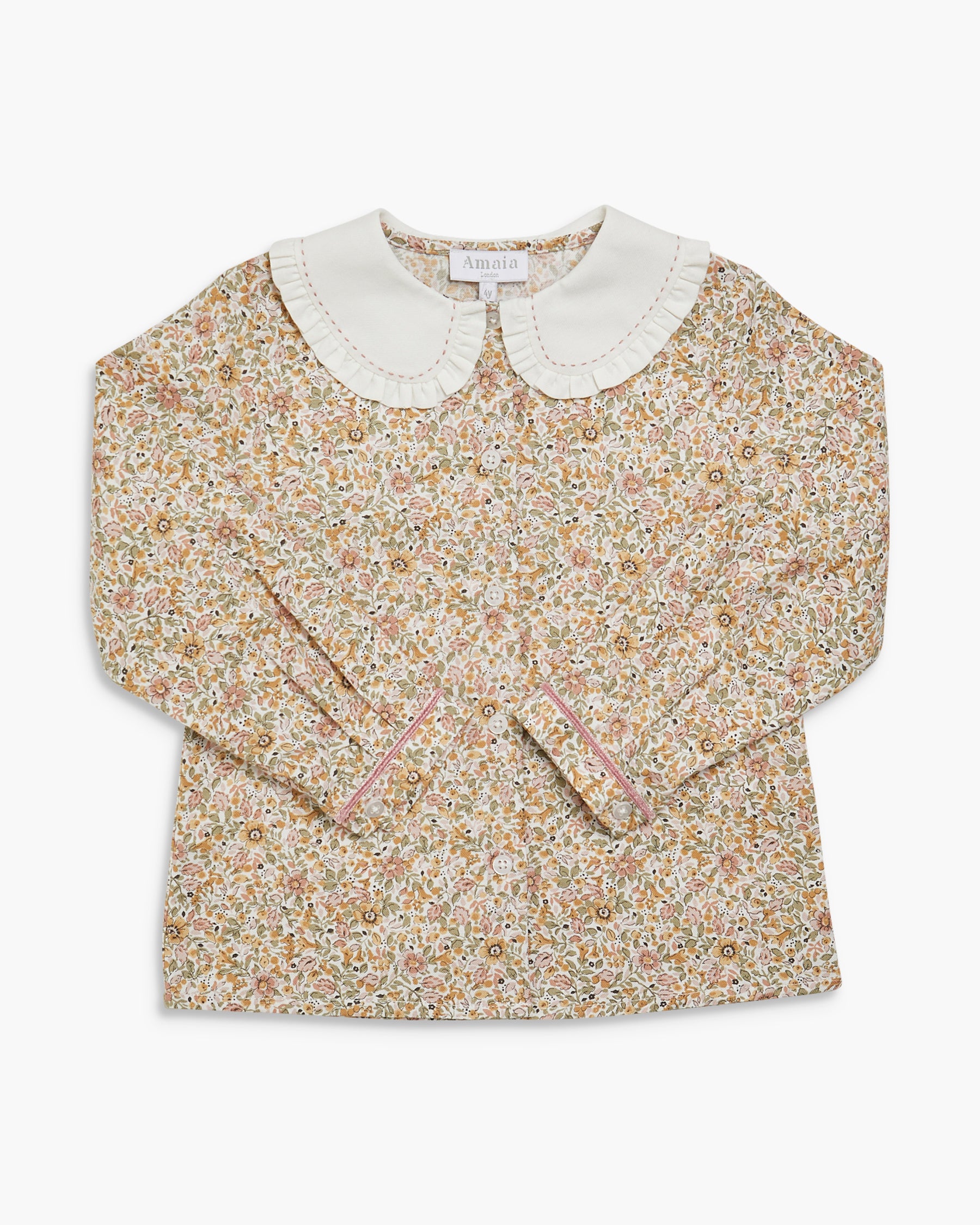Floral blouse with a white collar on a white background