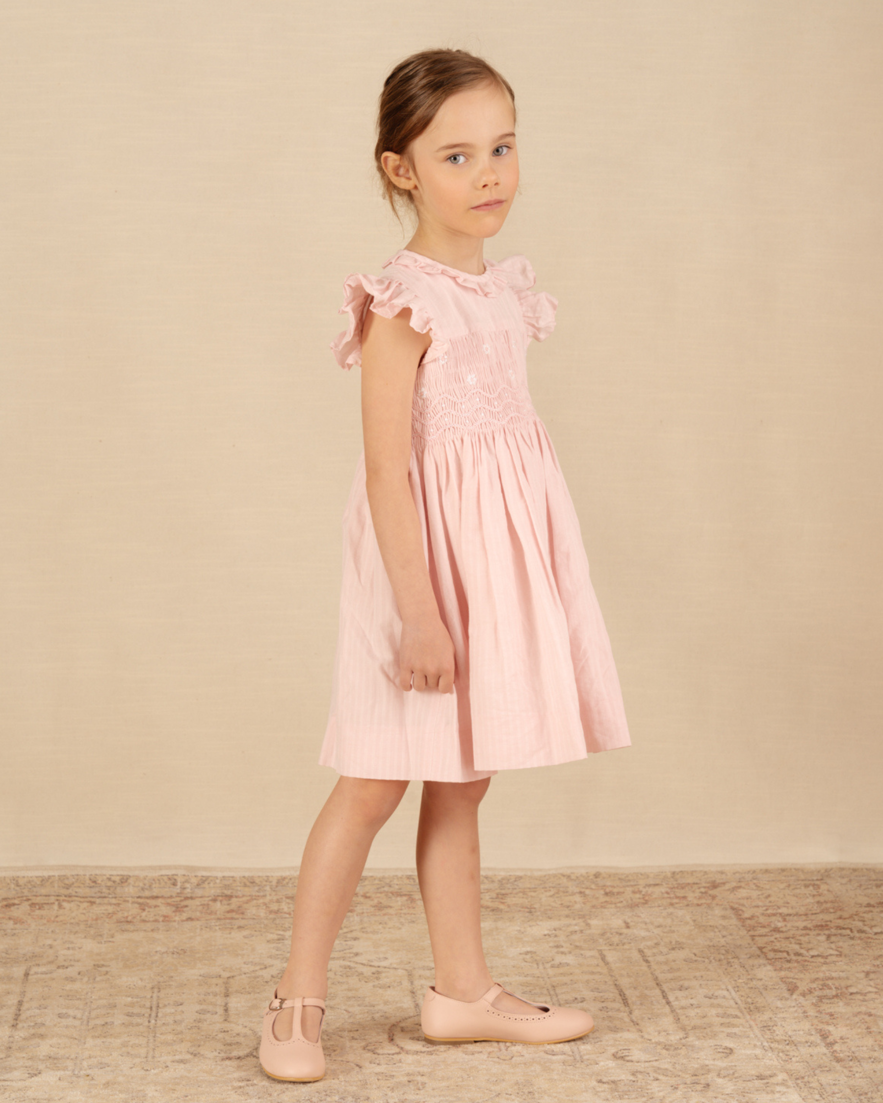 Pink dress and T-Bar Shoes Cream in leather for girl