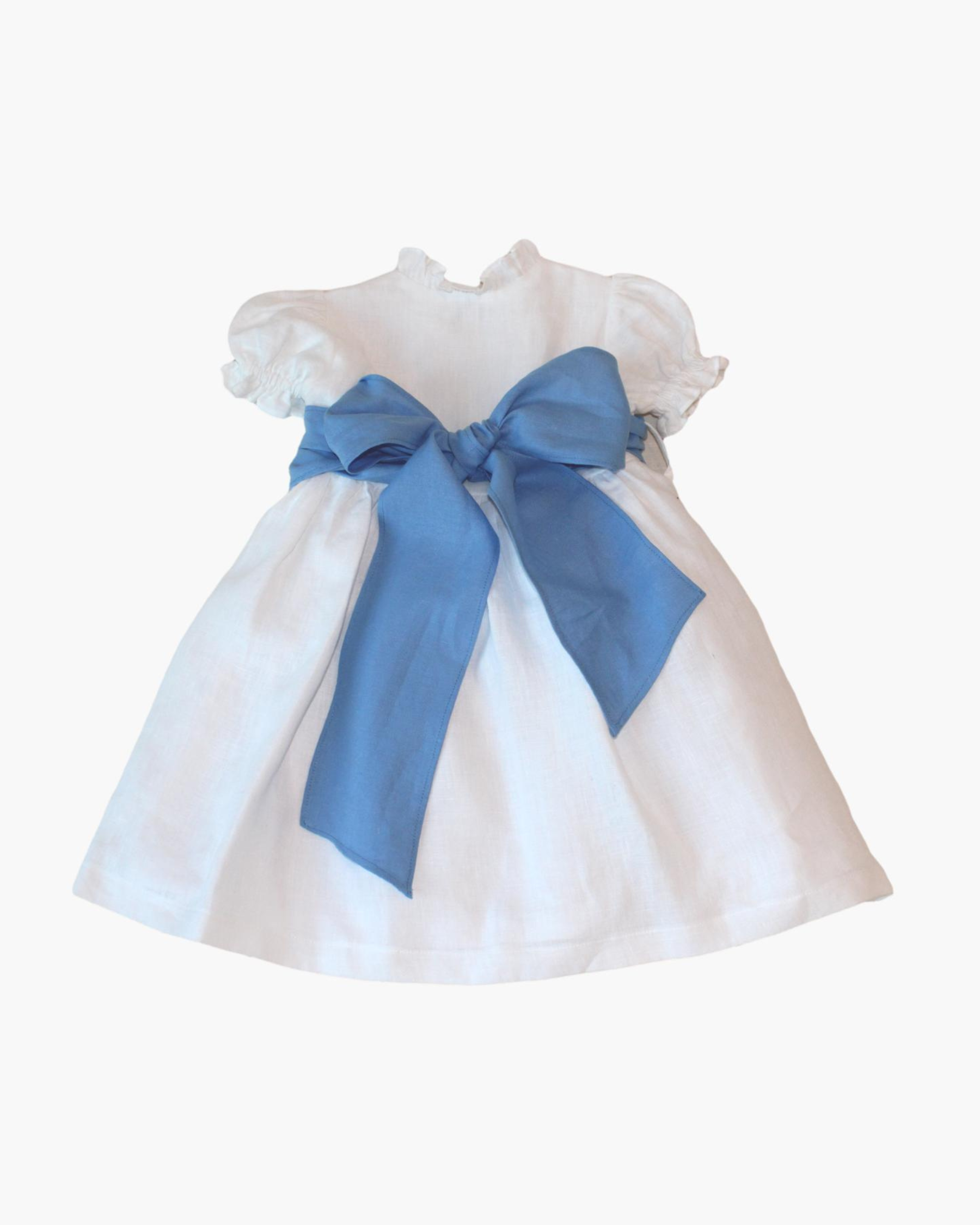 Girls Dress Blue with blue linen sash - model Grace