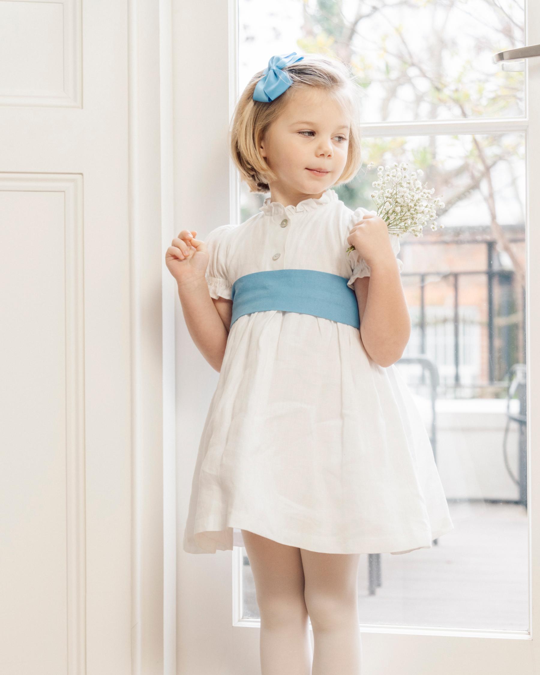 Girls Dress Blue with blue linen sash - model Grace