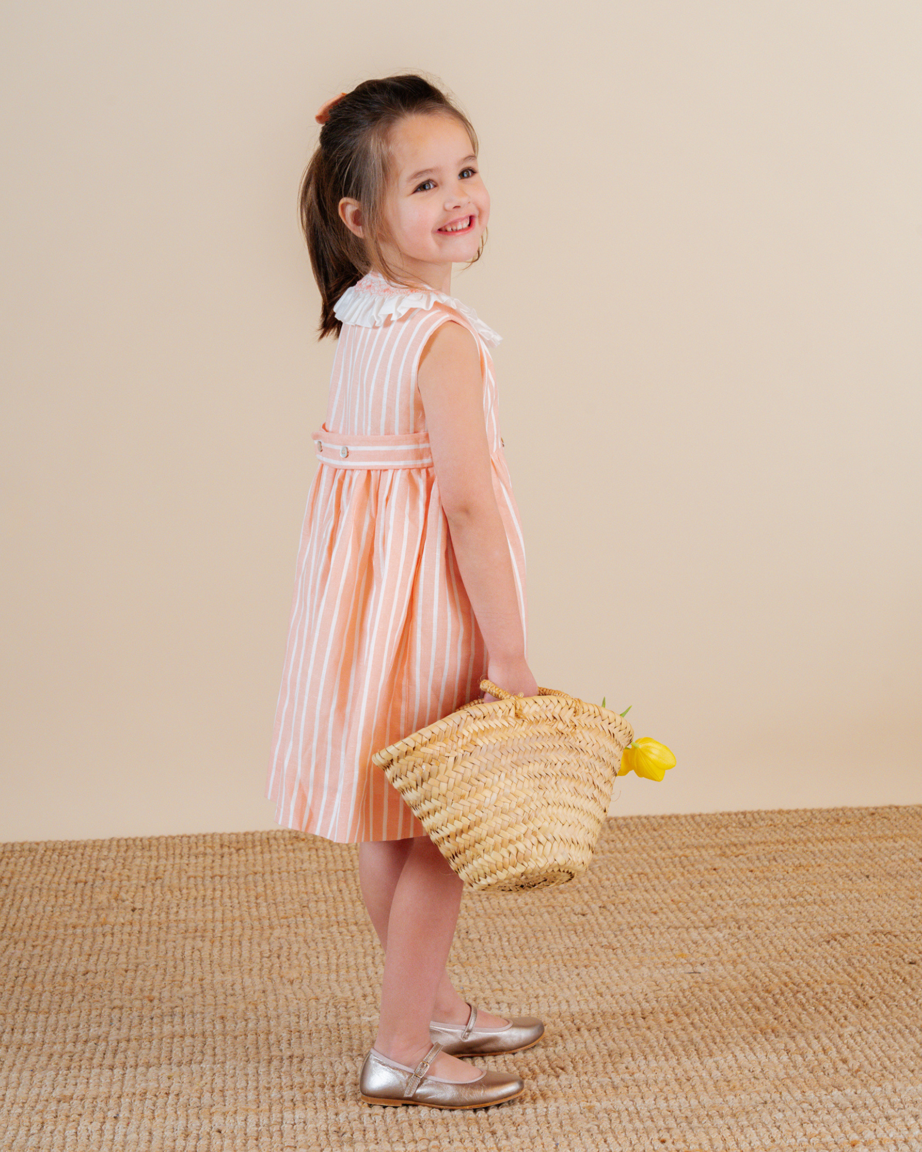 Iris Dress Peach Stripe and Mary Jane shoes gold