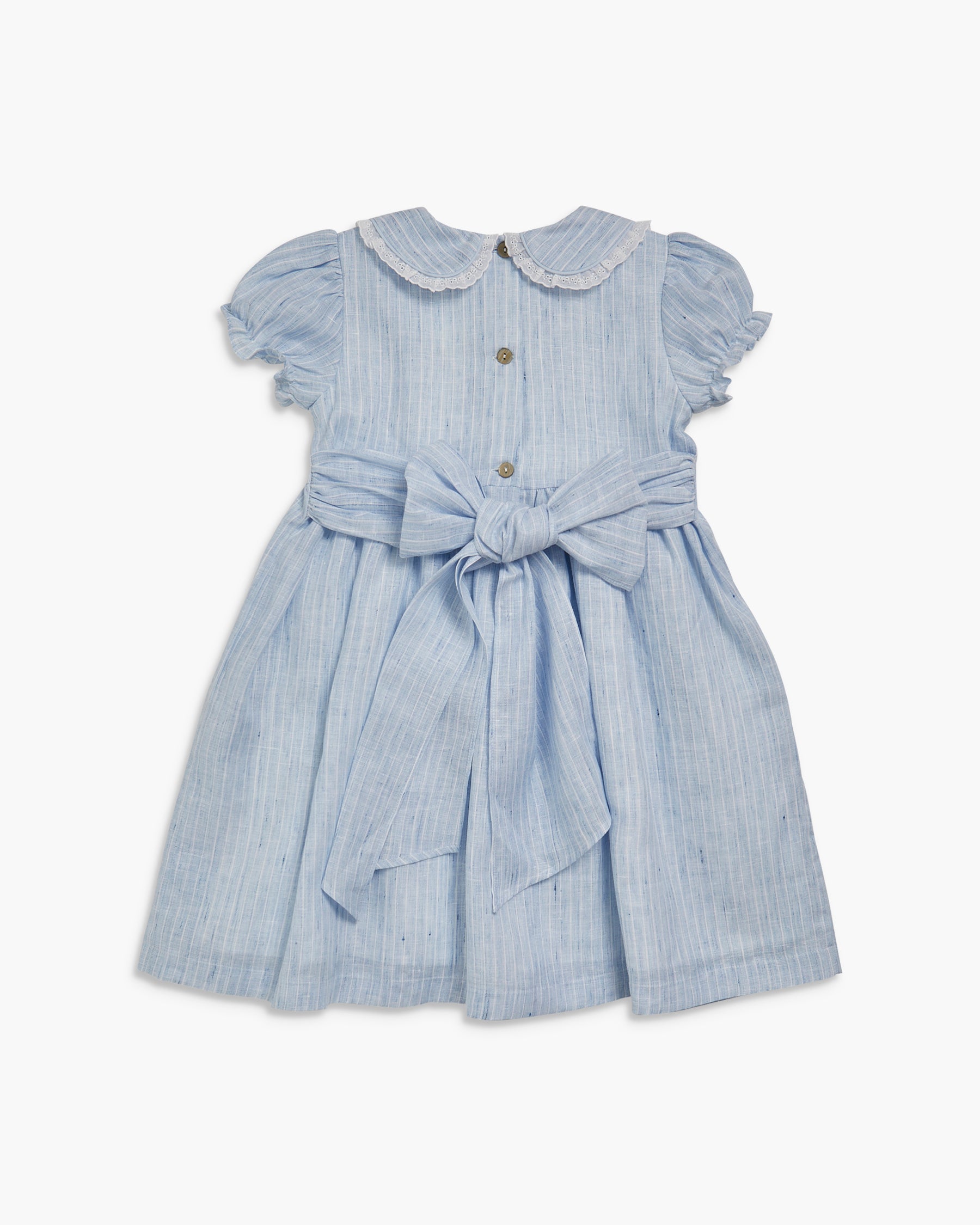 Blue striped dress with a bow on a white background