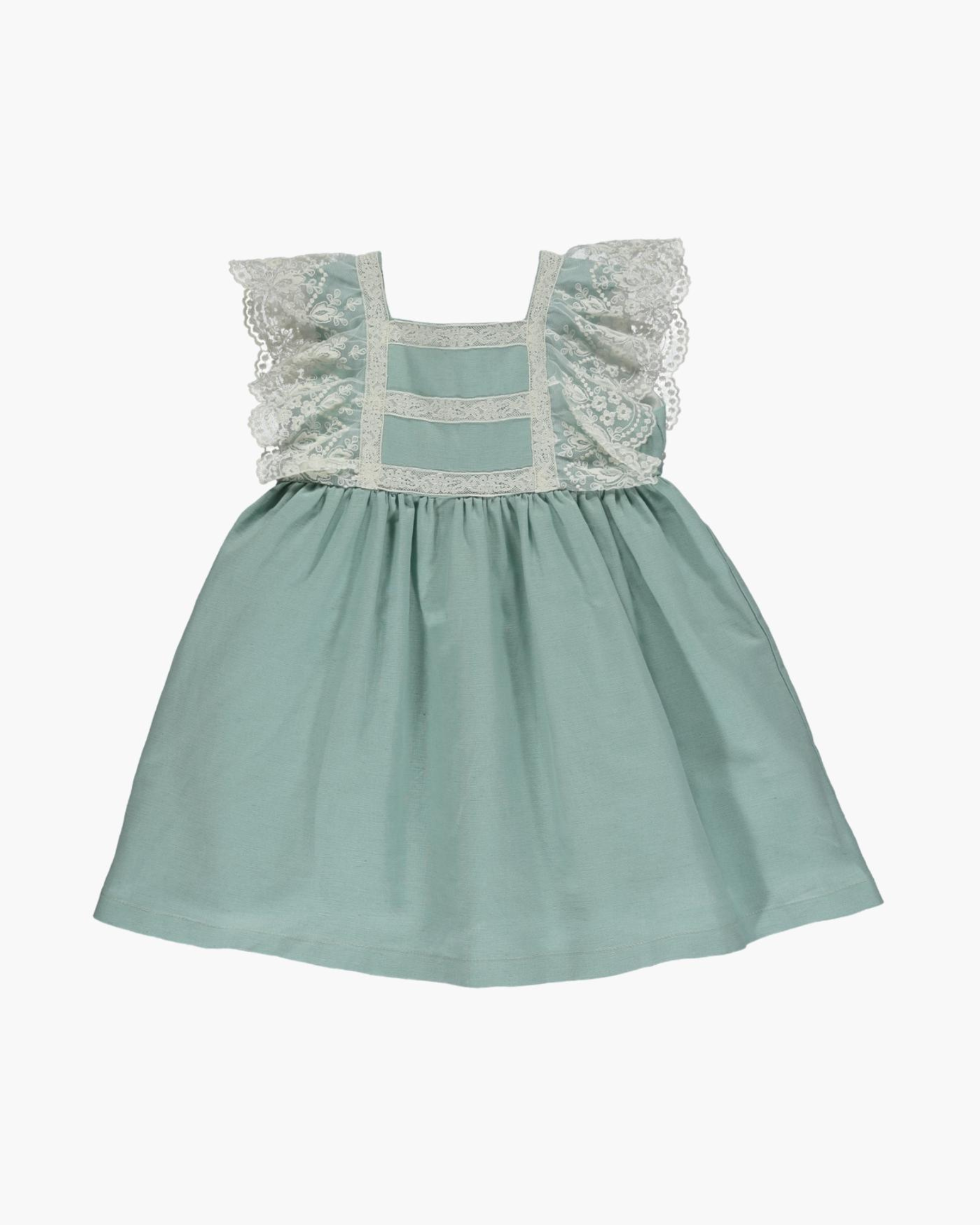 Lea - Flower girl Dress Green linen with lace embellishments on the shoulders