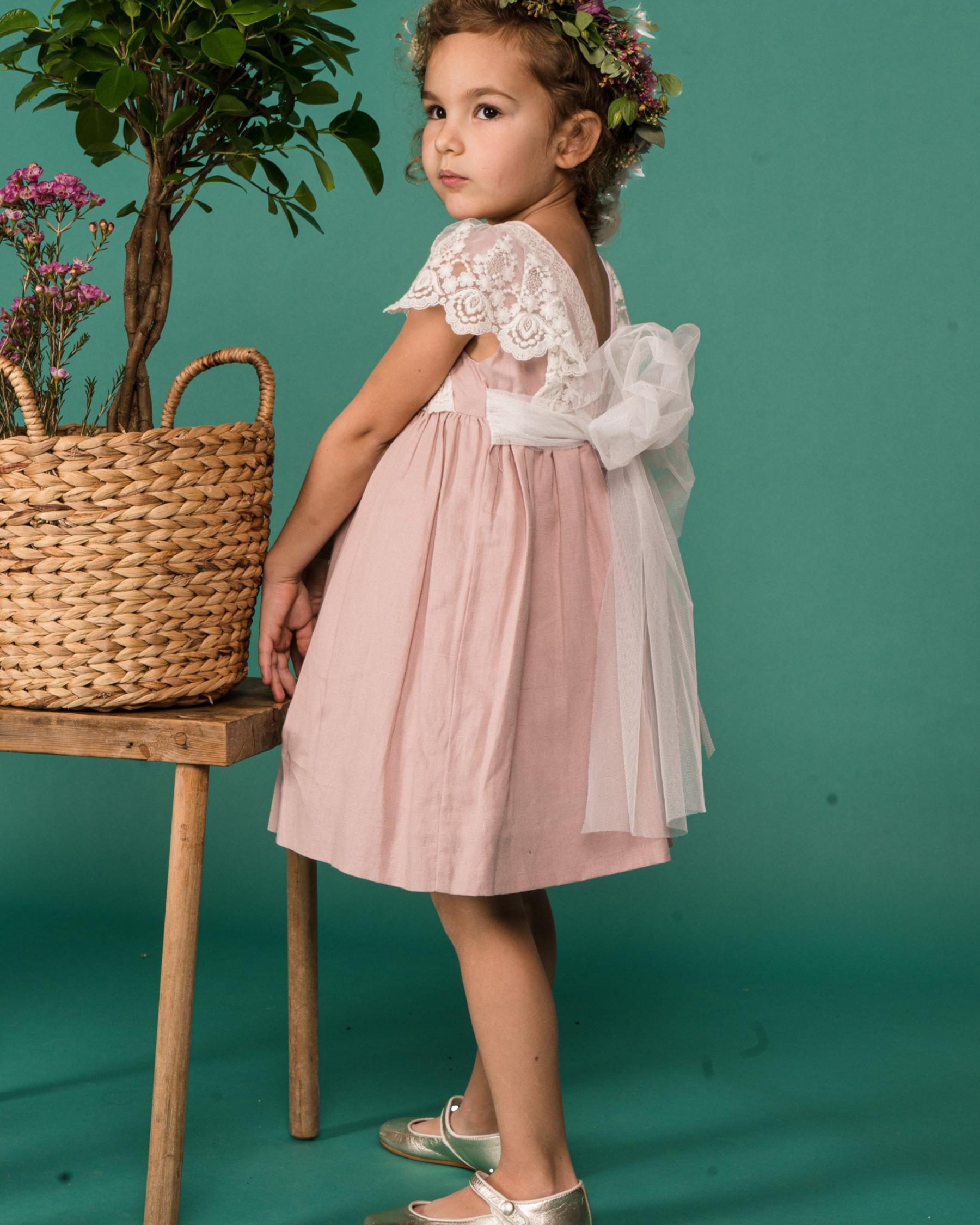 Lea - Flower girl dress pink linen with lace embellishments on the shoulders
