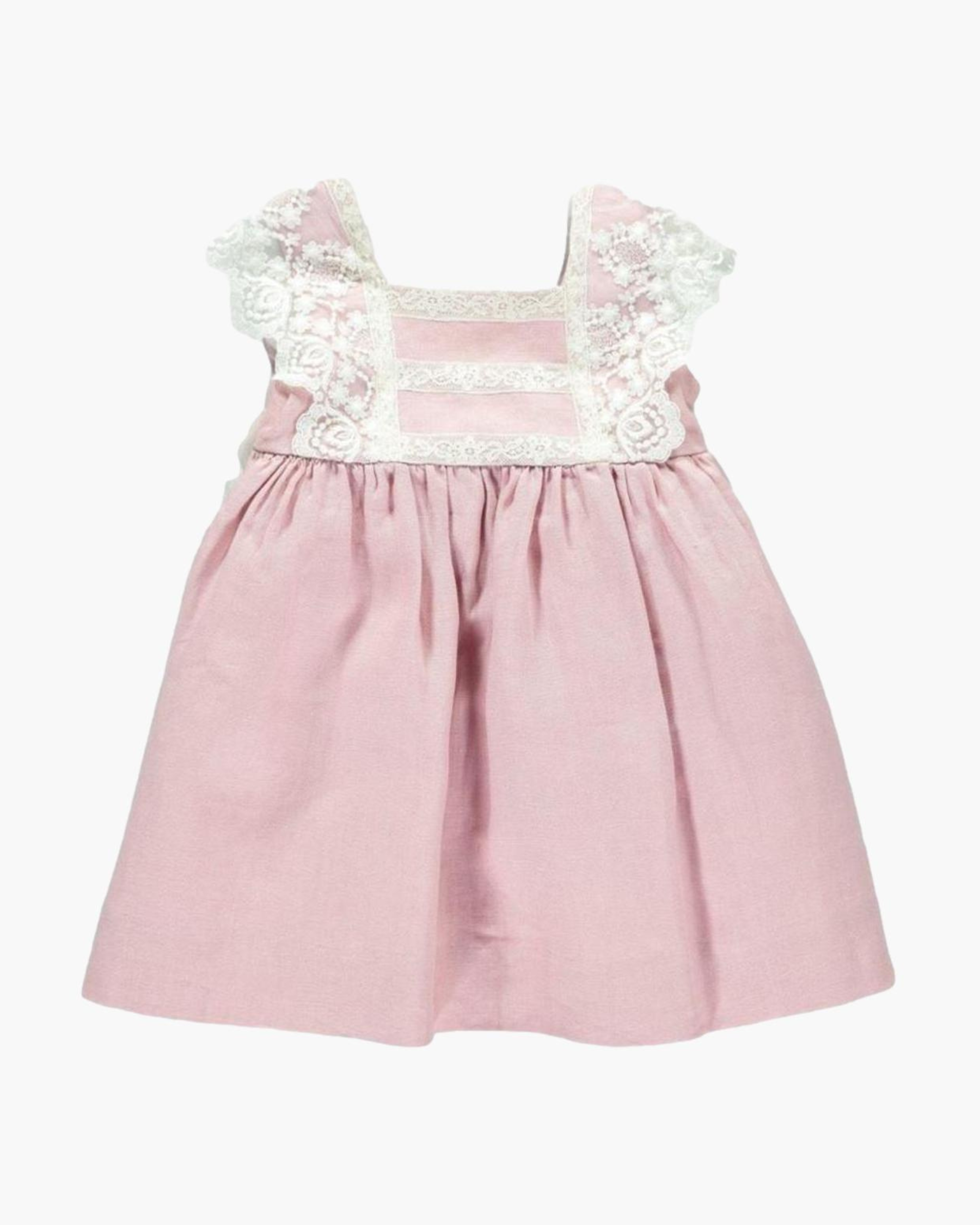 Lea - Flower girl dress pink linen with lace embellishments on the shoulders