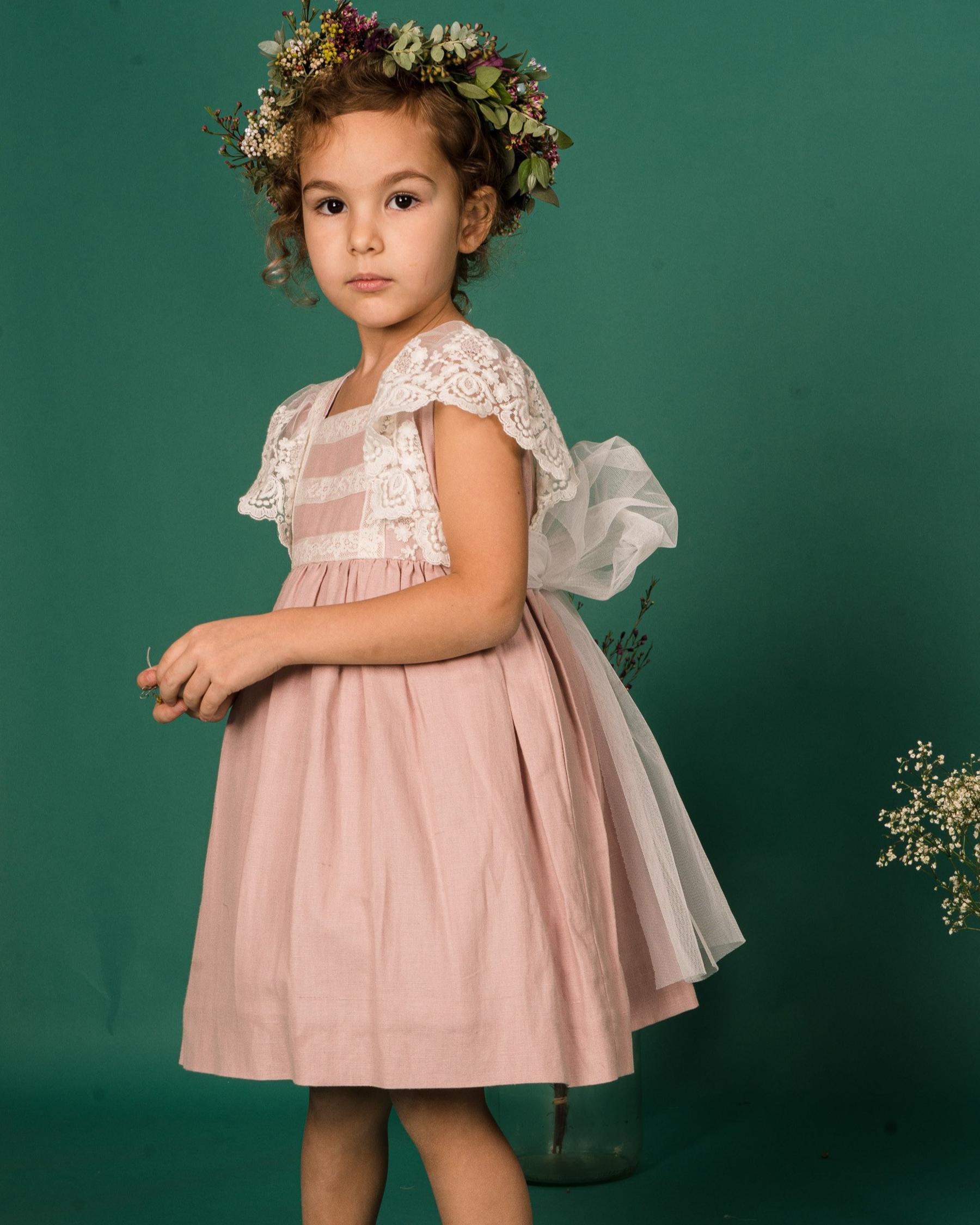 Lea - Flower girl dress pink linen with lace embellishments on the shoulders