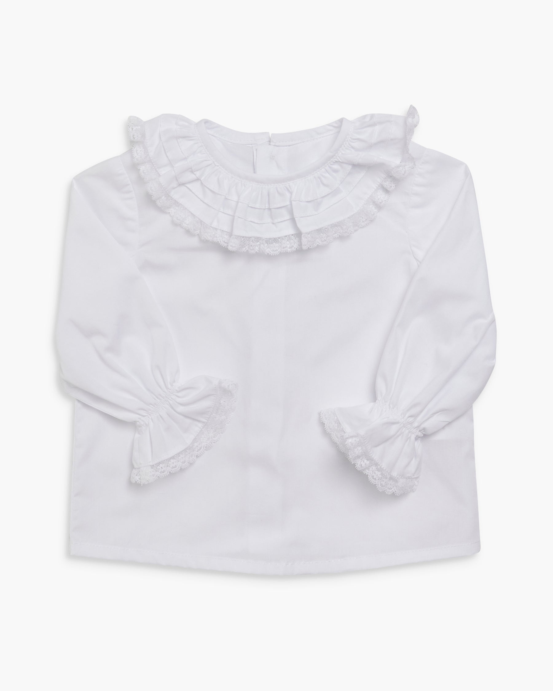 White blouse with ruffled collar and long sleeves on a white background
