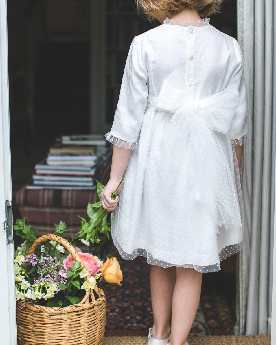 Octavie - White Flower girl Dress with 3/4 sleeves adorned with tulle