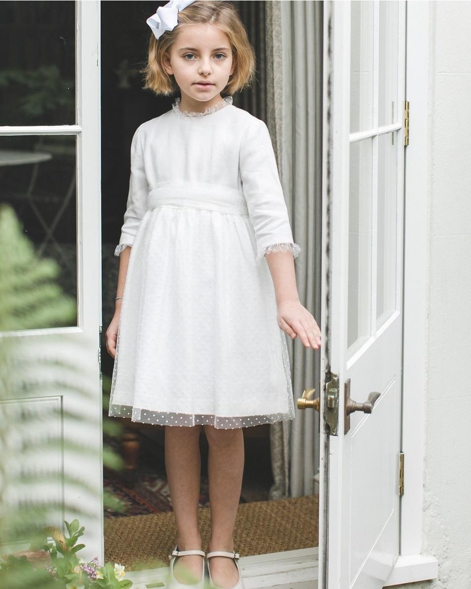 Octavie - White Flower girl Dress with 3/4 sleeves adorned with tulle