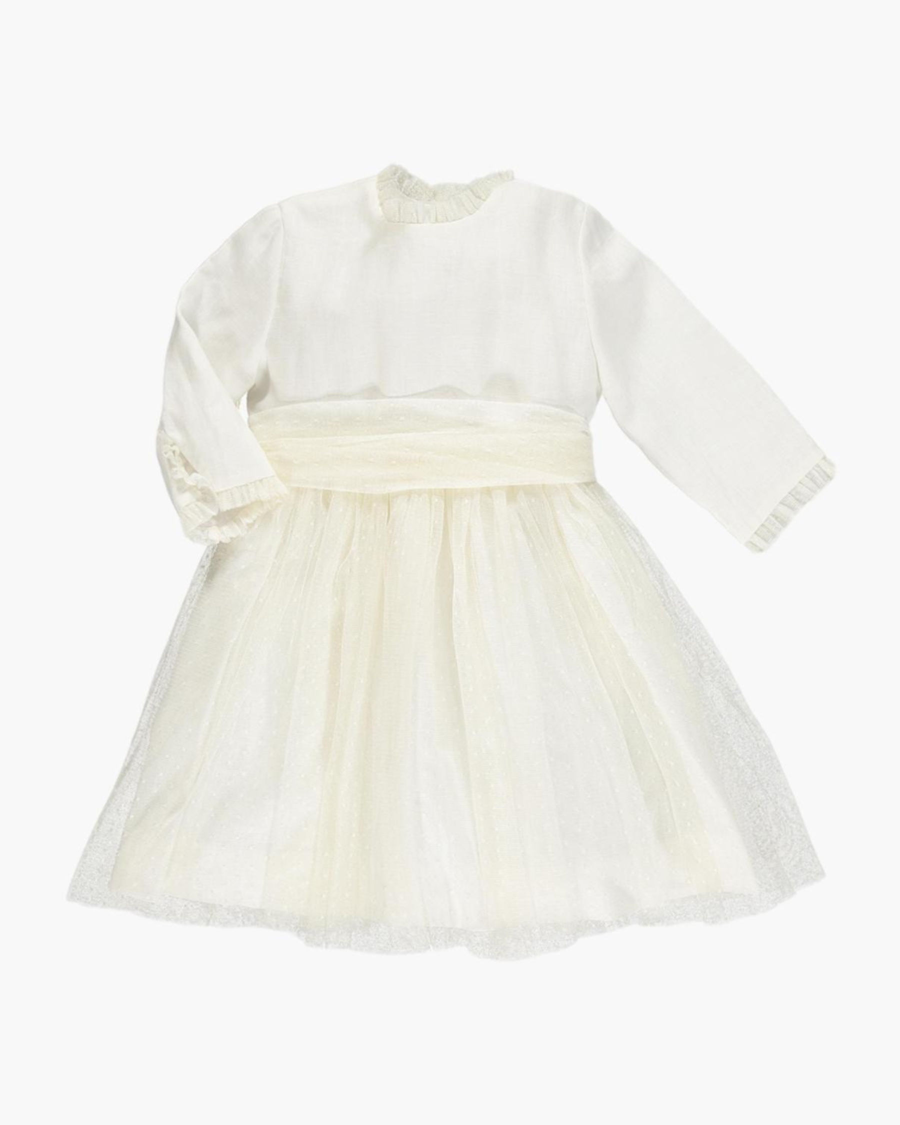 Octavie - White Flower girl Dress with 3/4 sleeves adorned with tulle