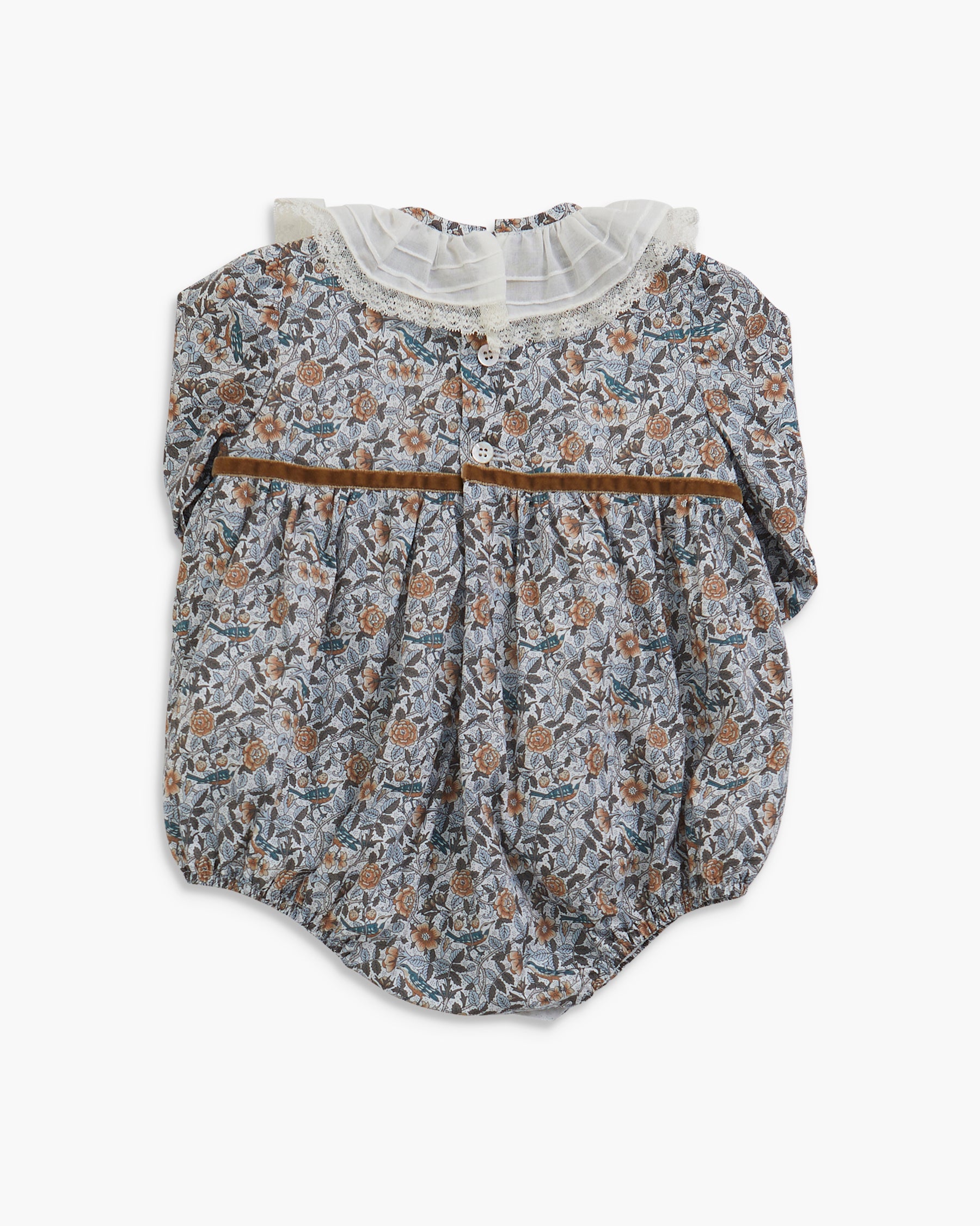 Floral baby romper with lace collar on a white background