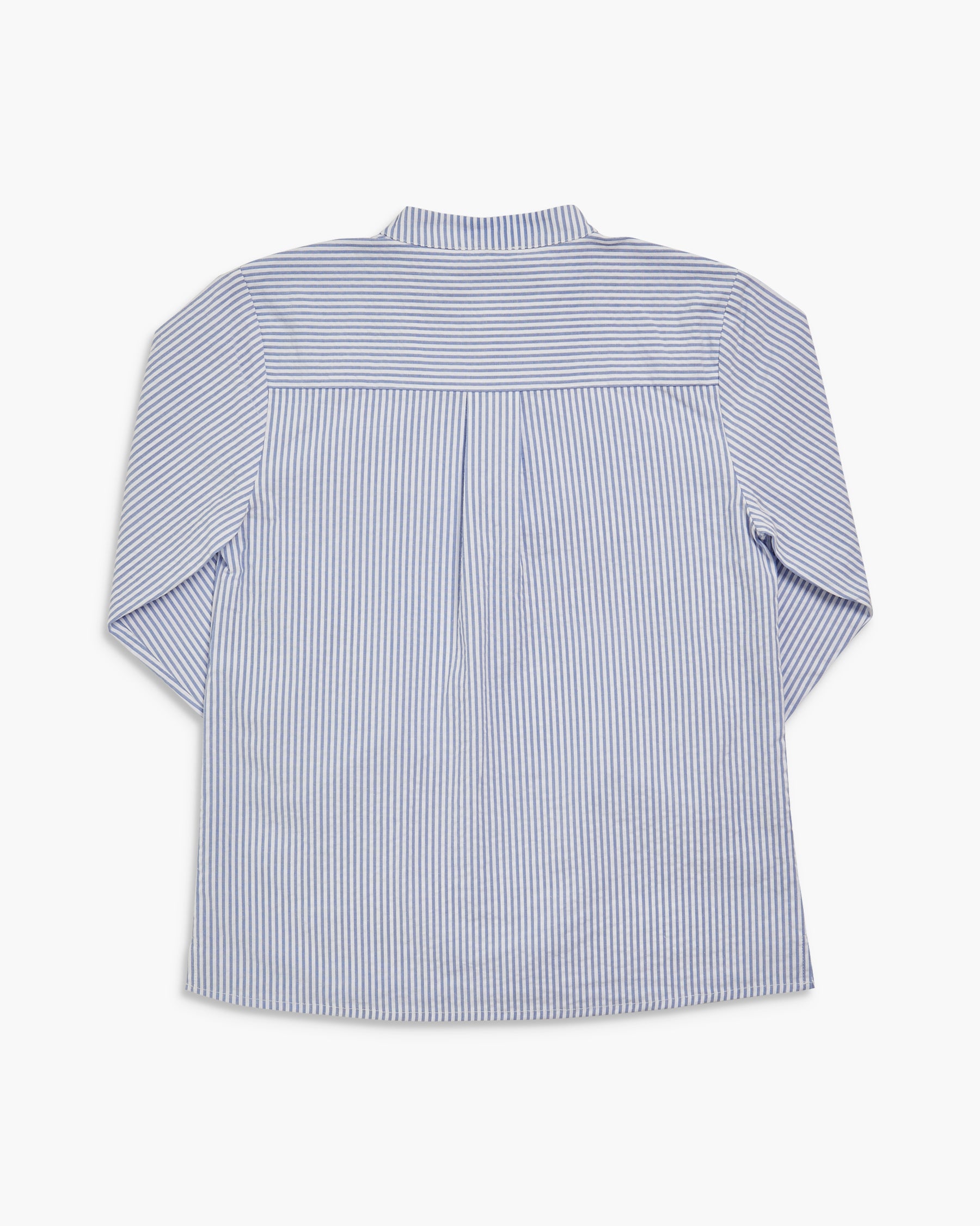 Back view of a blue and white striped shirt on a white background