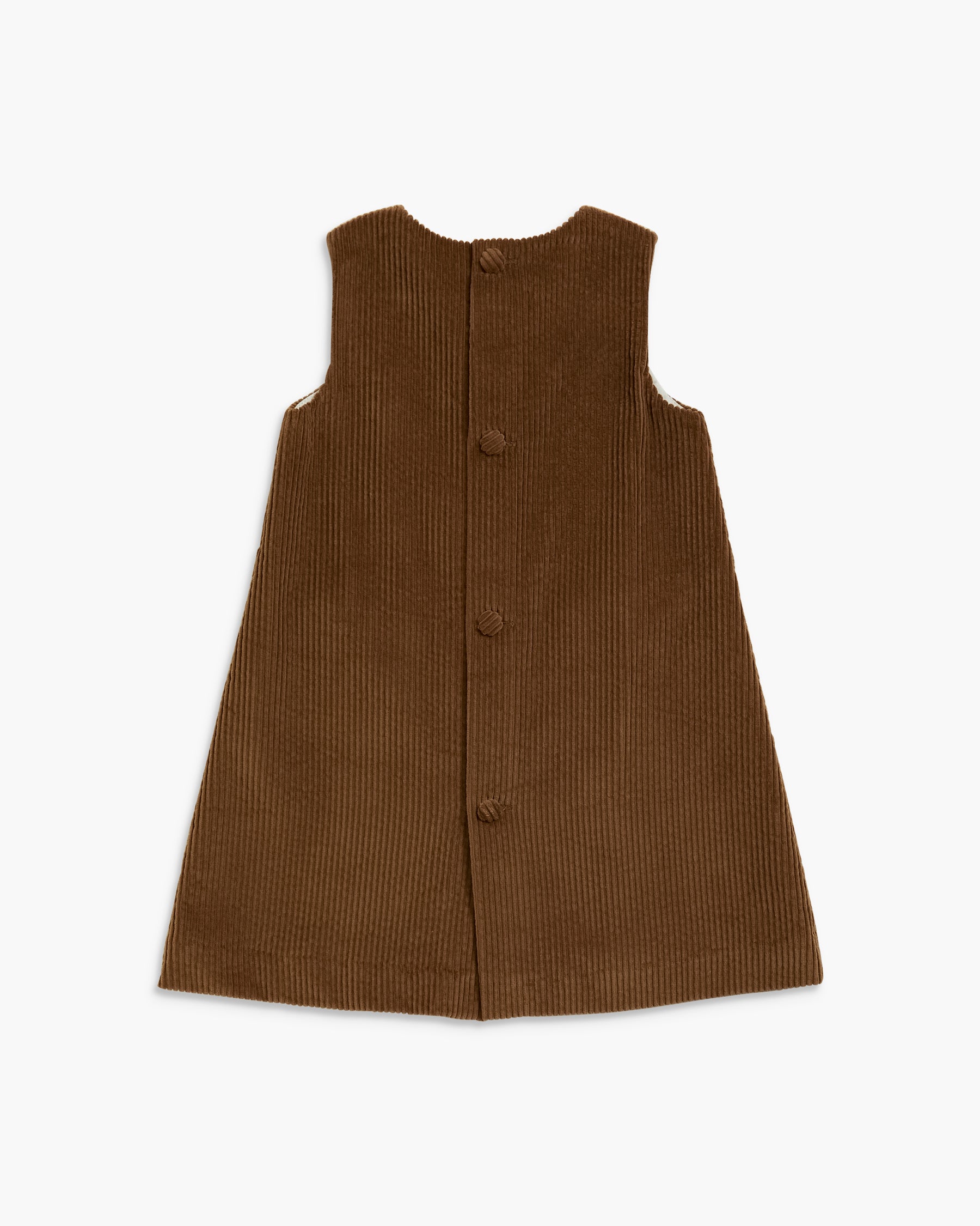 A brown corduroy sleeveless dress with a button-up back, displayed flat against a light off-white background.