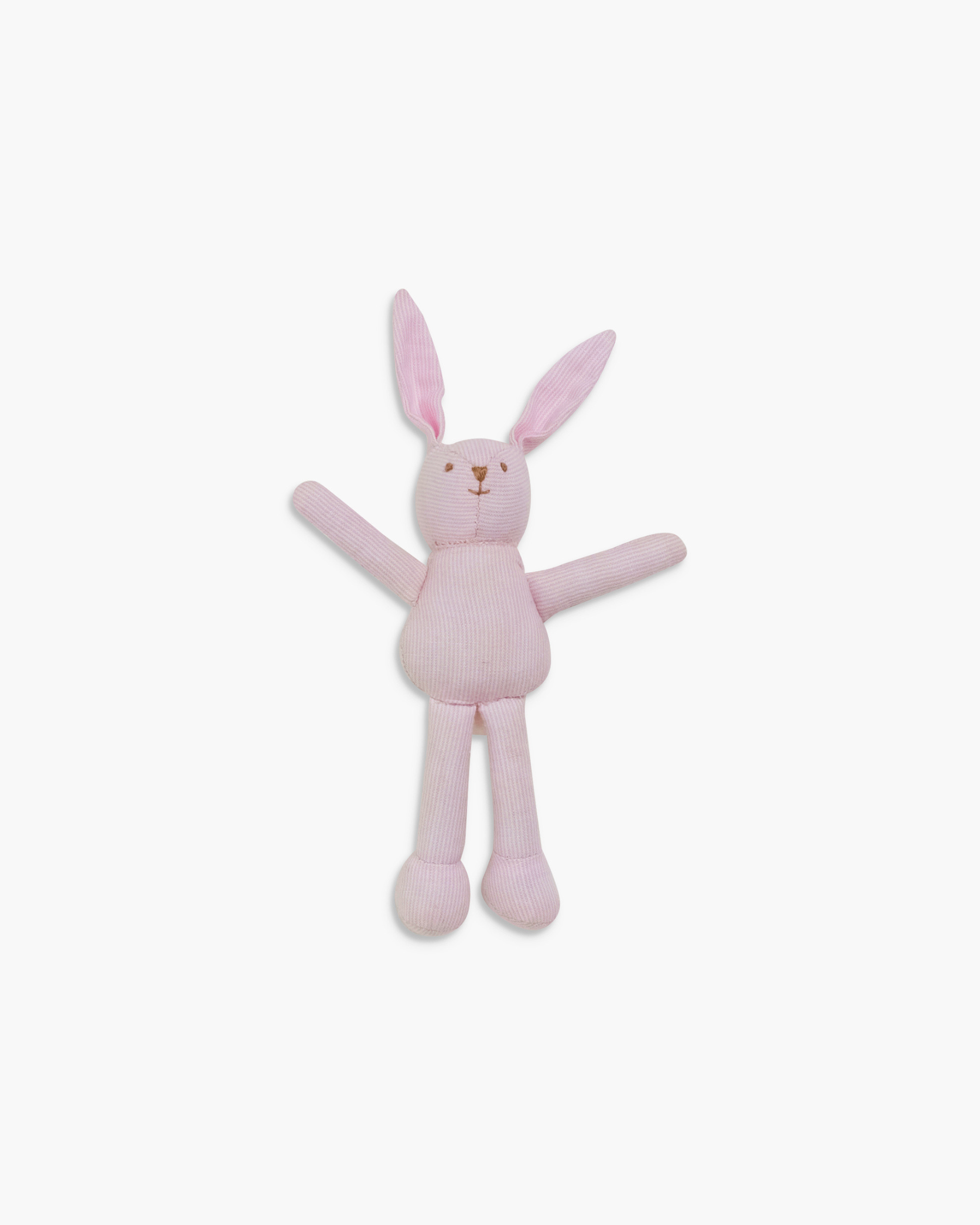 Pink plush bunny toy on a white background