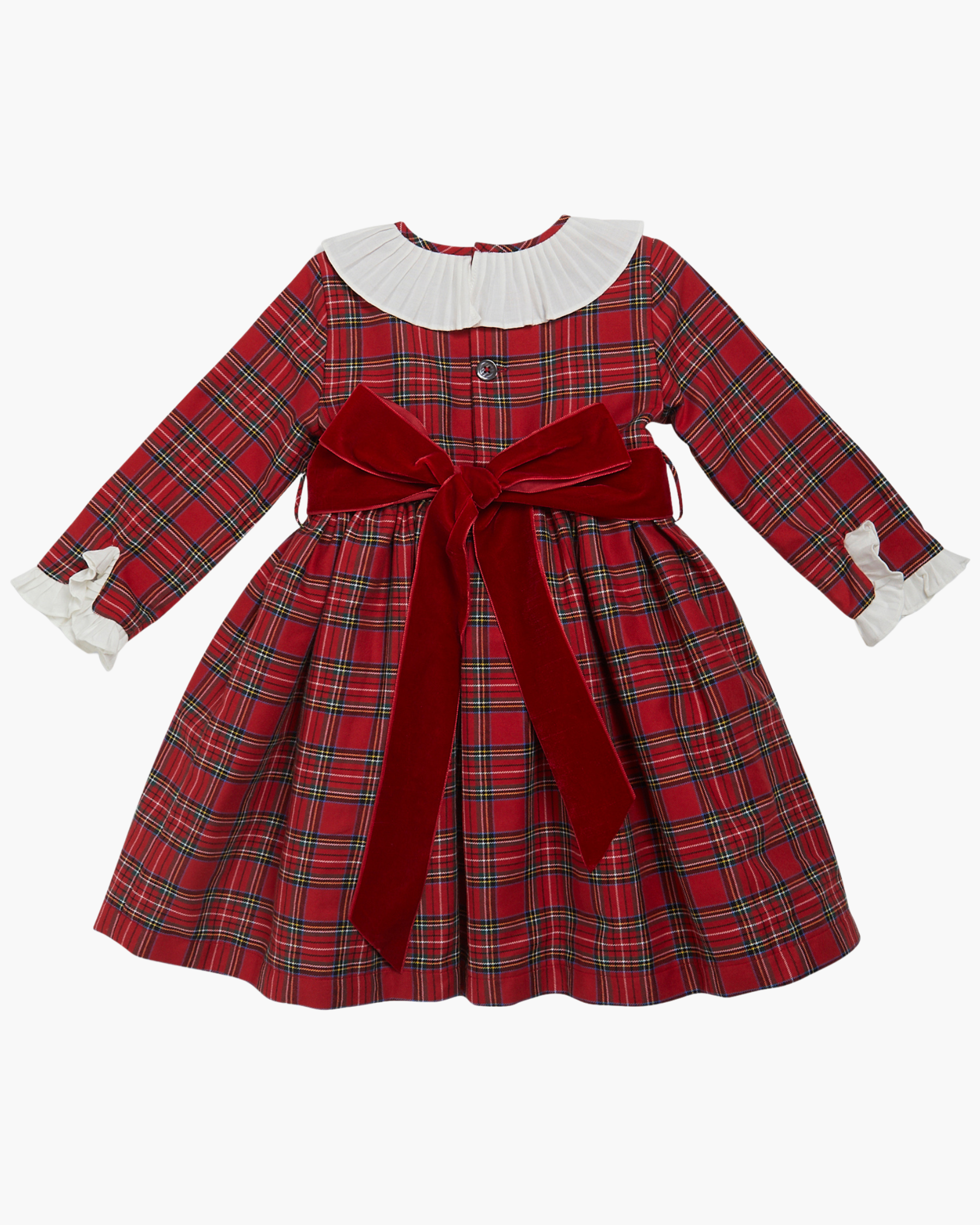Red plaid dress with a white collar and red velvet bow on a white background