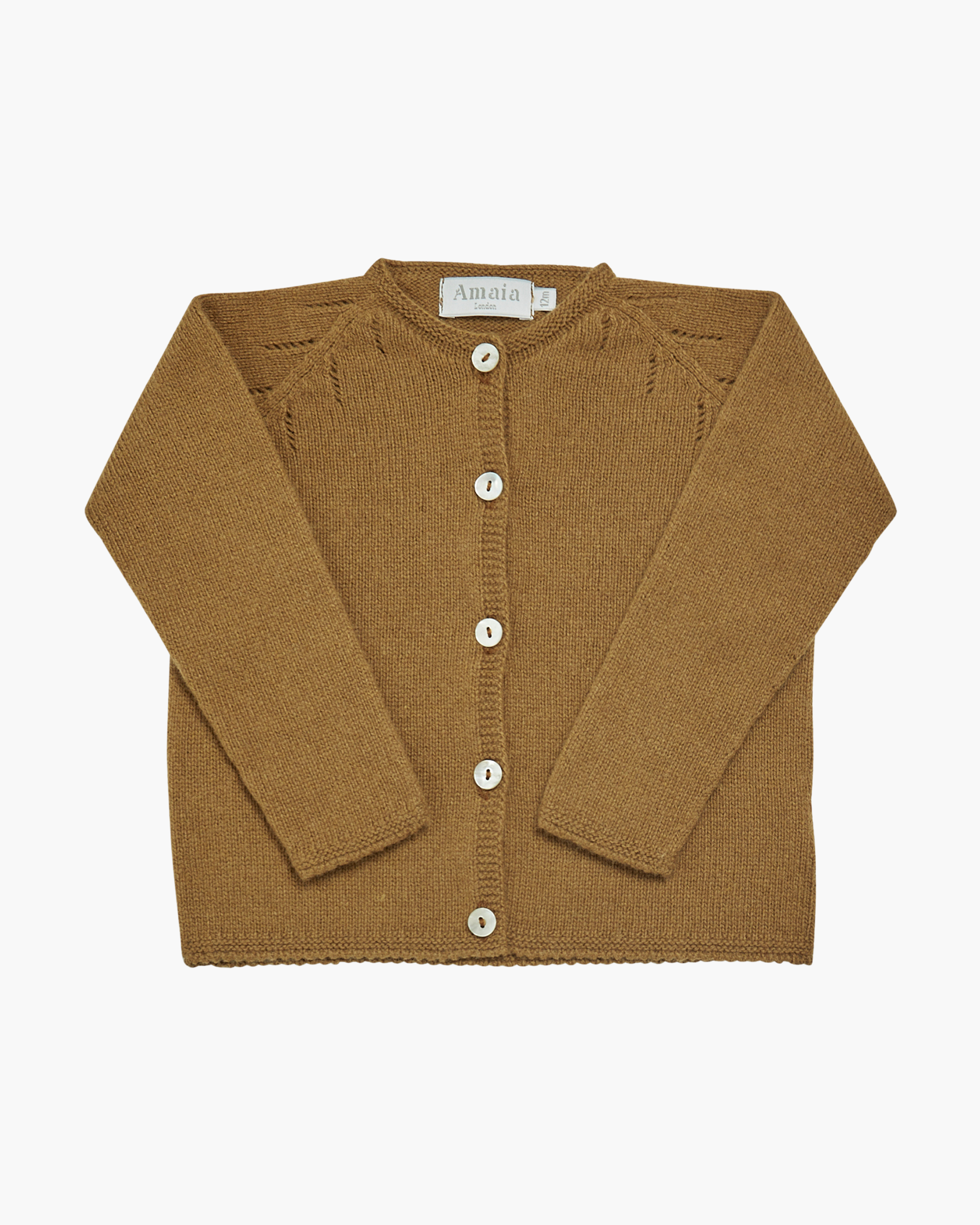 Brown knit cardigan with buttons on a white background