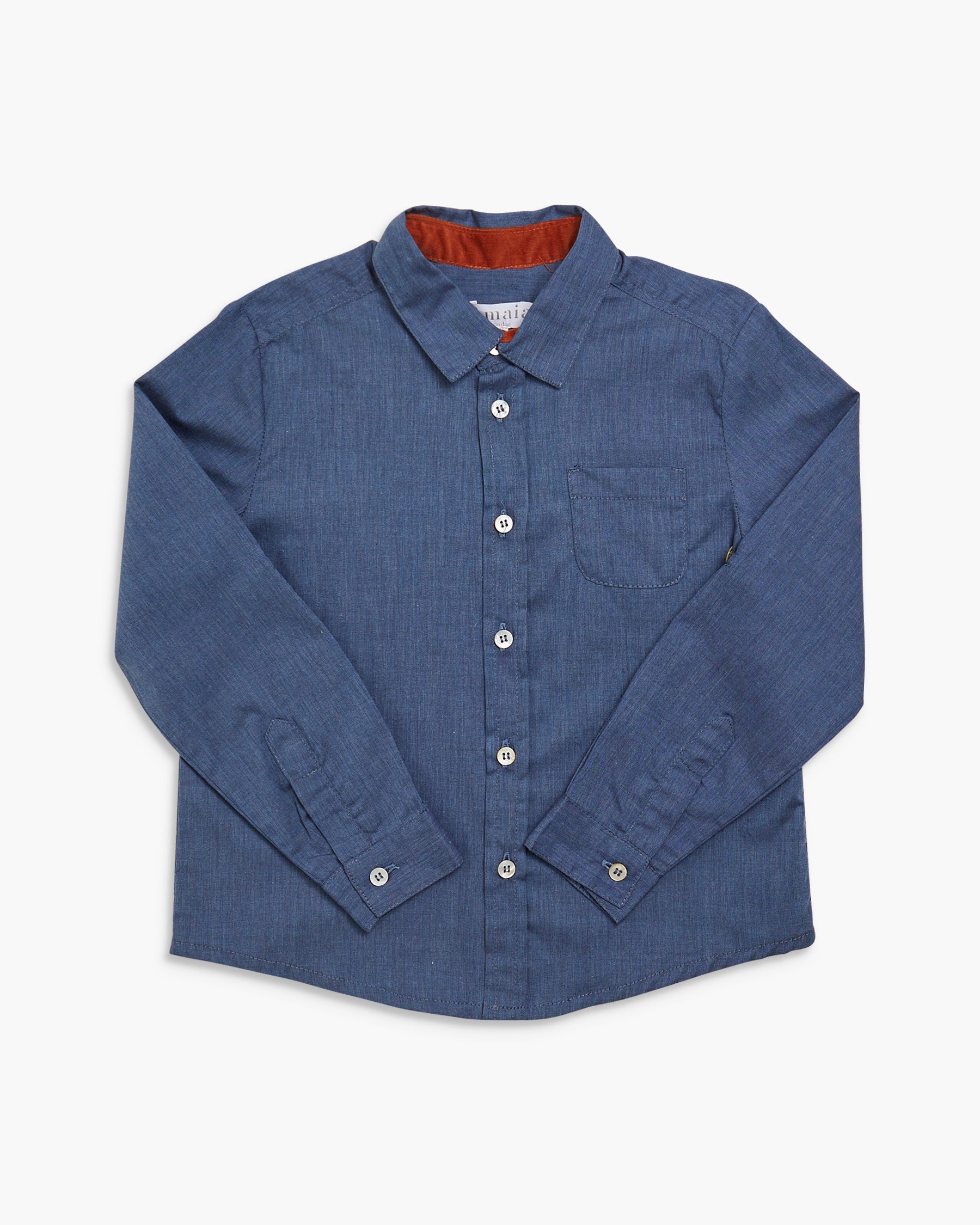 Blue button-up shirt with a red interior on a white background