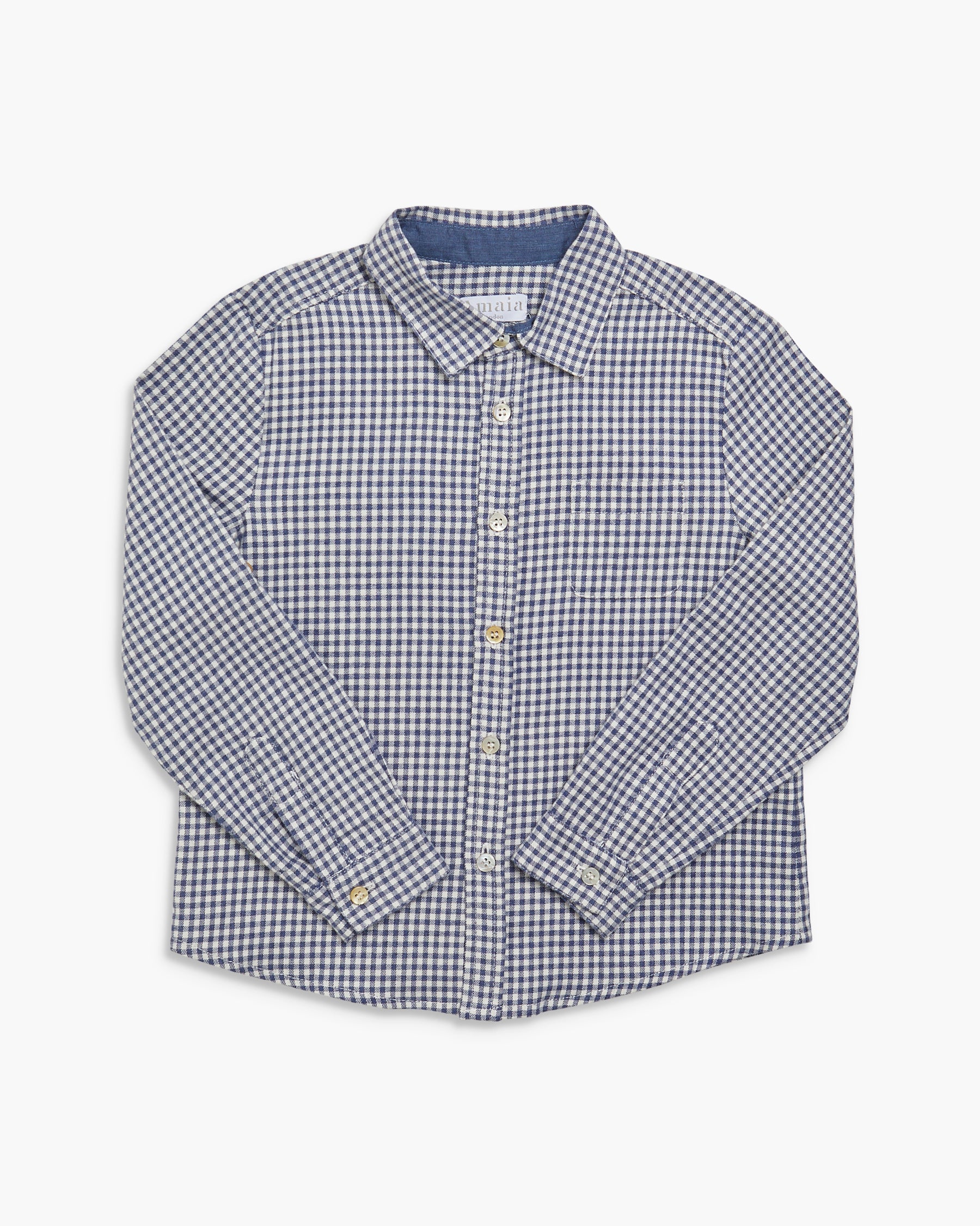 Blue and white checkered shirt on a light gray background