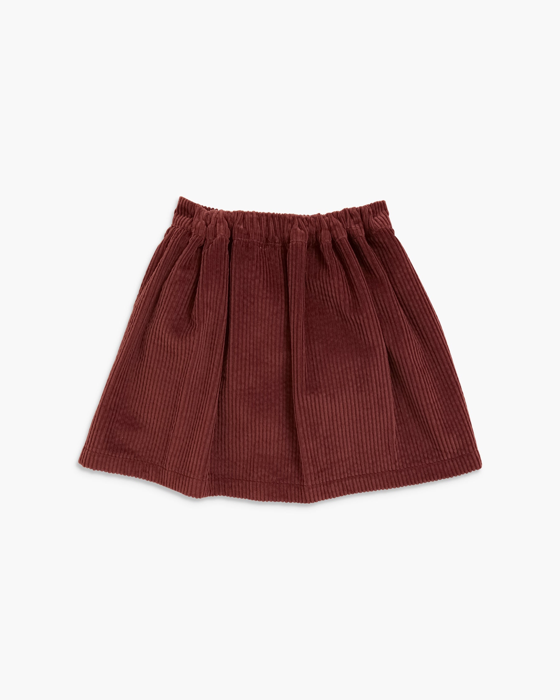 A dark reddish-brown corduroy skirt with an elastic waistband, shown flat against a light gray background.