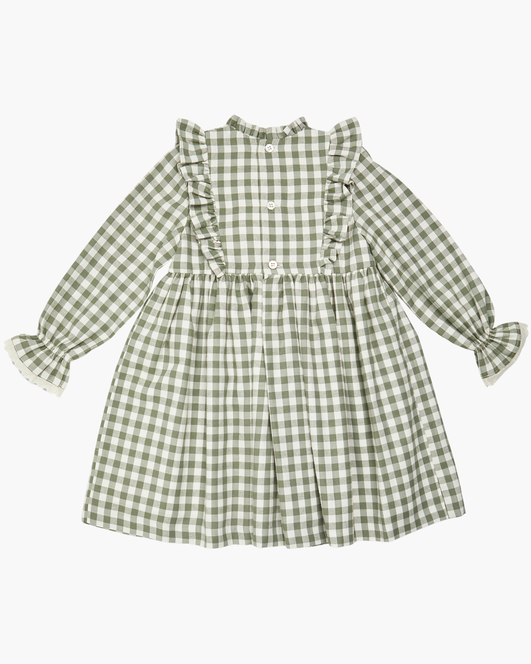 Green checkered dress with ruffled sleeves on a white background