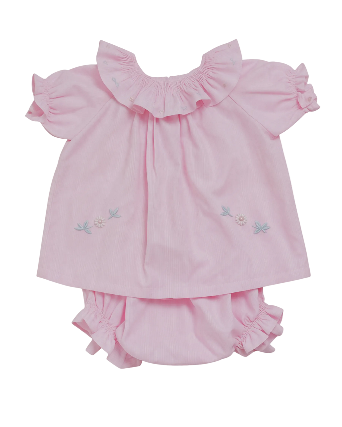 Pink baby outfit with ruffled top and bloomers on a white background